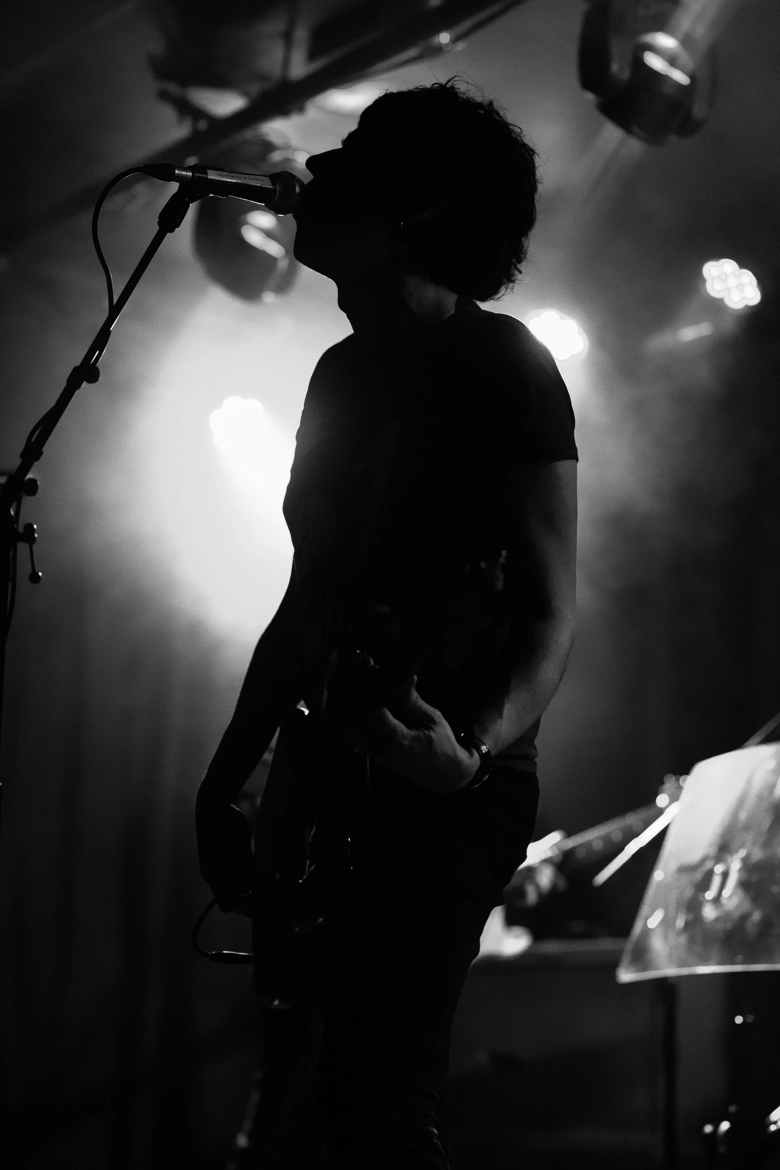 A silhouette of a person singing into a microphone during a live music performance with stage lights in the background.