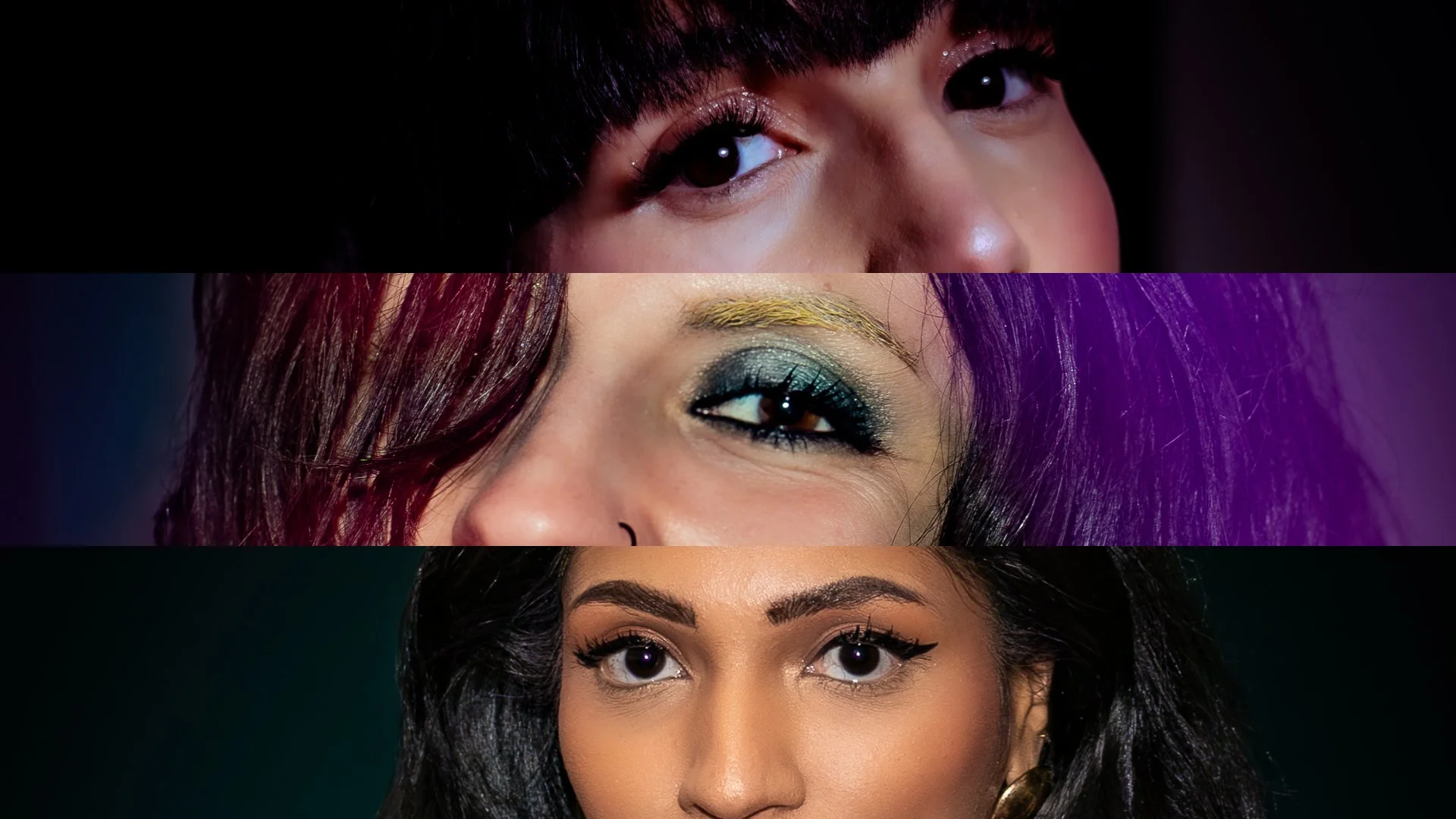 Close-up of three women with distinct eye makeup and hairstyles, arranged vertically.