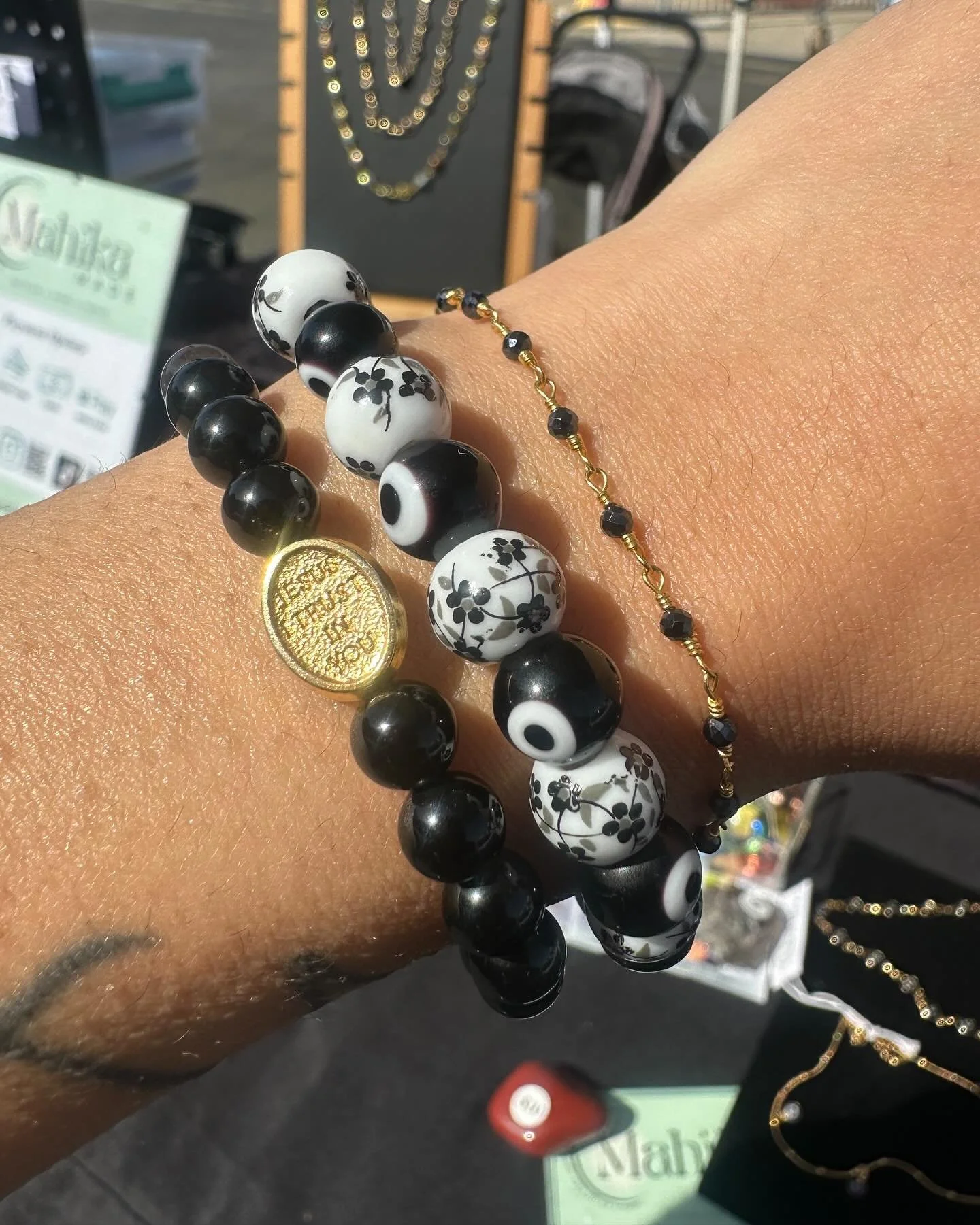 New Stack 🤩✨

- Hematite rosary style bracelet for grounding 
&ndash; Florelle &mdash; our floral evil eye bracelet, designed for protection ( now available on site)
&ndash; Miraculous Medal and &ldquo;Jesus, I trust in You&rdquo; &mdash; made with 
