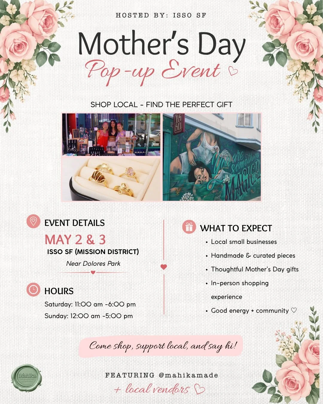 I&rsquo;ll be vending at @issosanfrancisco Mother&rsquo;s Day pop-up 💐 alongside a few other local vendors &mdash; good energy, good people, and a chance to shop in person 👀

If you&rsquo;ve been wanting to see everything IRL, this is your chance.
