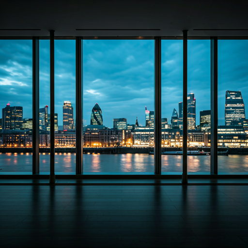 City skyline view through floor-to-ceiling windows during dusk or early evening.
