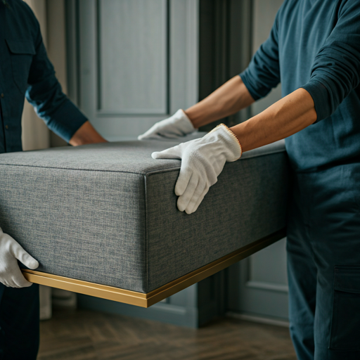 Two people wearing white gloves are lifting a grey upholstered box or furniture piece in a room with wooden flooring and curtains.