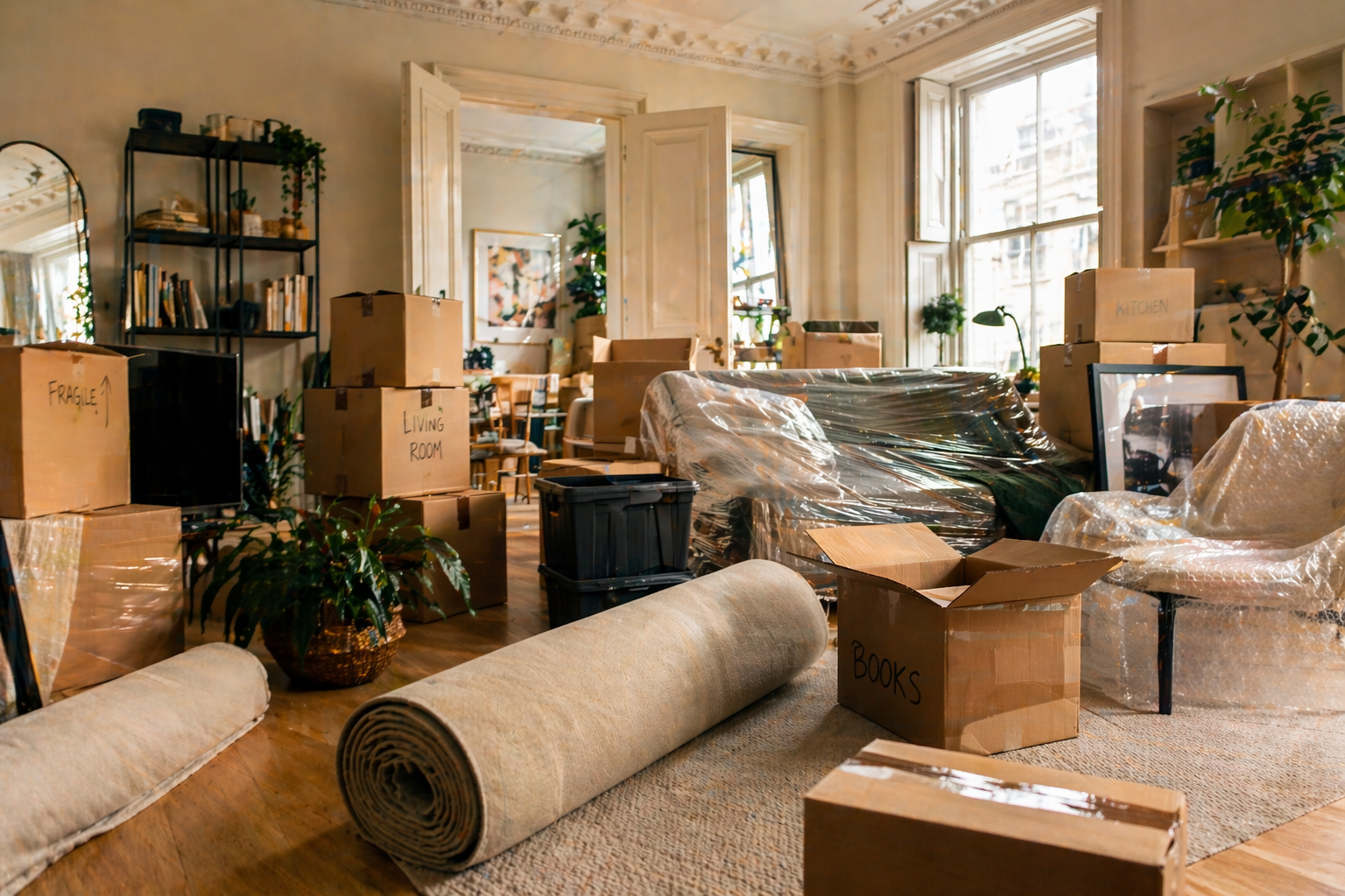 Living room filled with moving boxes, some labeled 'Fragile,' 'Living Room,' 'Books,' and 'Kitchen,' with furniture wrapped in protective plastic, a rolled-up rug on the floor, and large windows letting in natural light.