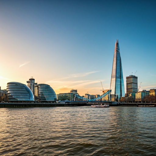 Sunset view of London skyline with the Shard skyscraper over the River Thames and other modern buildings.