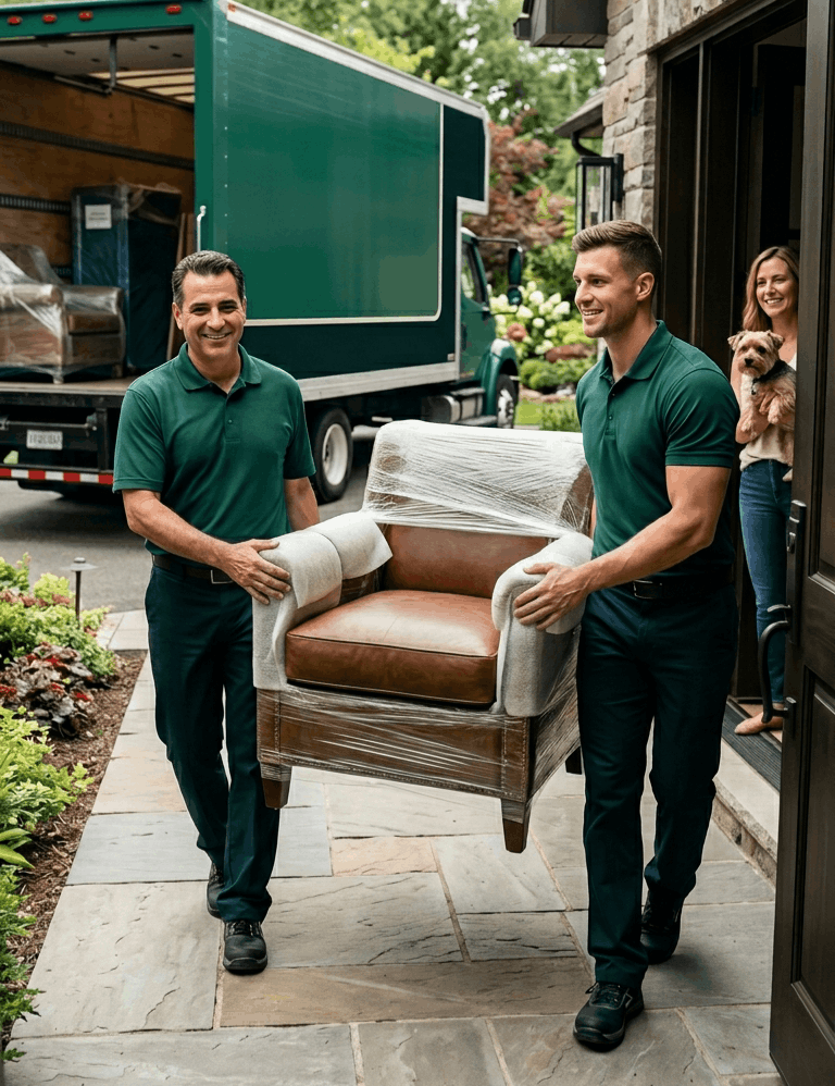 Two men in green shirts moving a wrapped armchair into a house, with a woman holding a dog smiling in the background and a moving truck nearby.