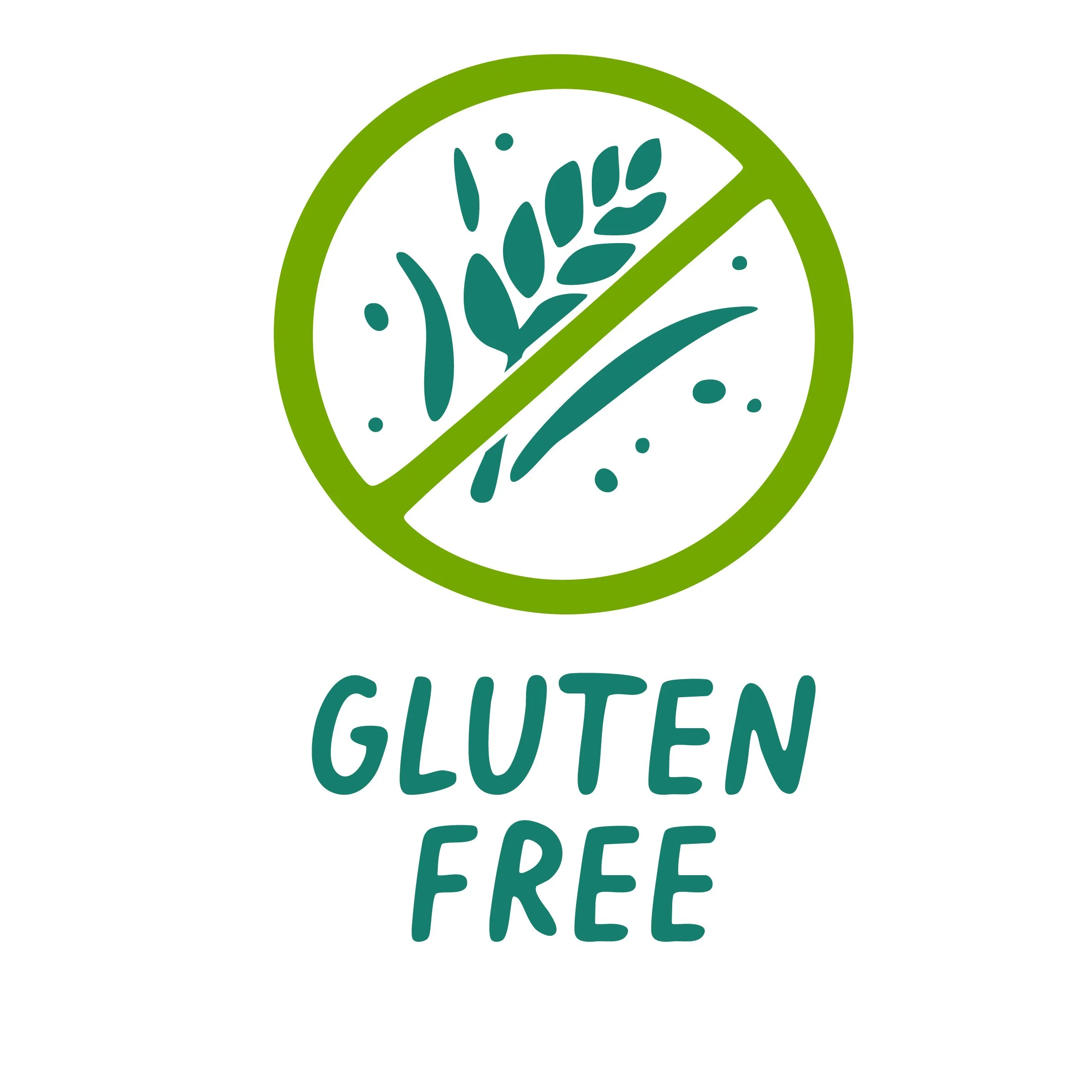 Green circle with a crossed-out wheat symbol inside, indicating gluten-free, and the text "GLUTEN FREE" below.