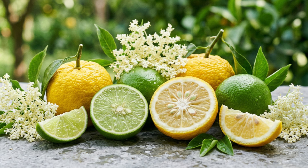 Limes and yuzu with flowers and leaves on a table top surface