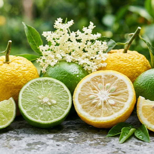 Yuzu and limes with lemon blossoms and green leaves on a textured surface.