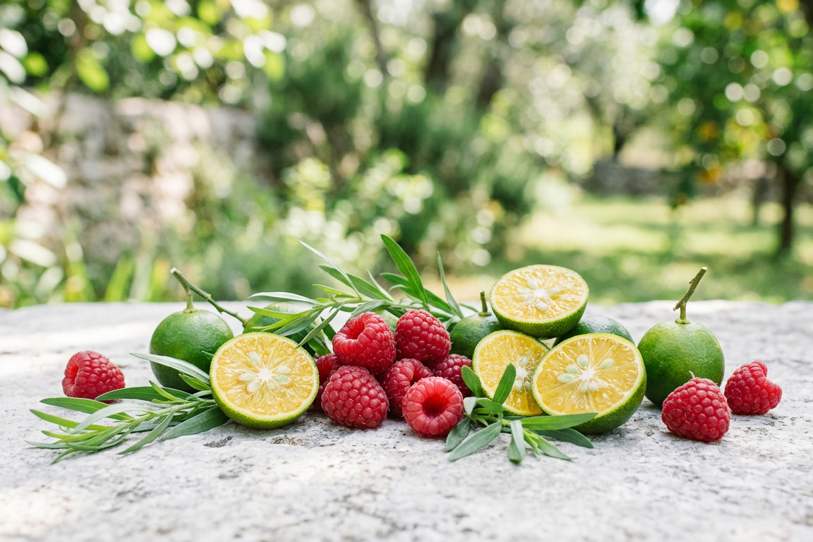 Fresh calamansi fruit, raspberries, and orange slices arranged on a stone surface outdoors with greenery in the background.