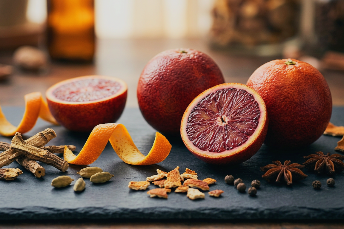 Three blood oranges, one of which is cut in half showing the interior, along with orange peel, star anise, cardamom pods, and dried orange peel on a dark slate surface.