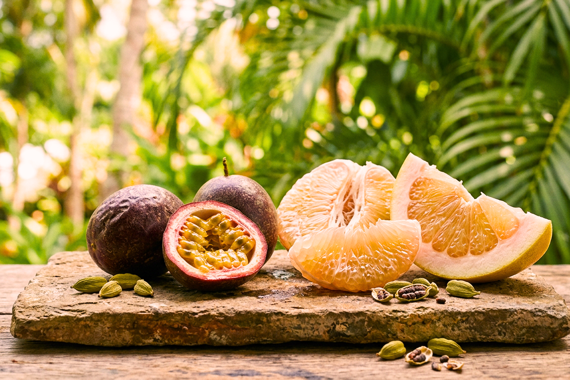 Tropical fruits including passionfruit, pomelo grapefruit, and passion seeds on a wooden board with greenery background.