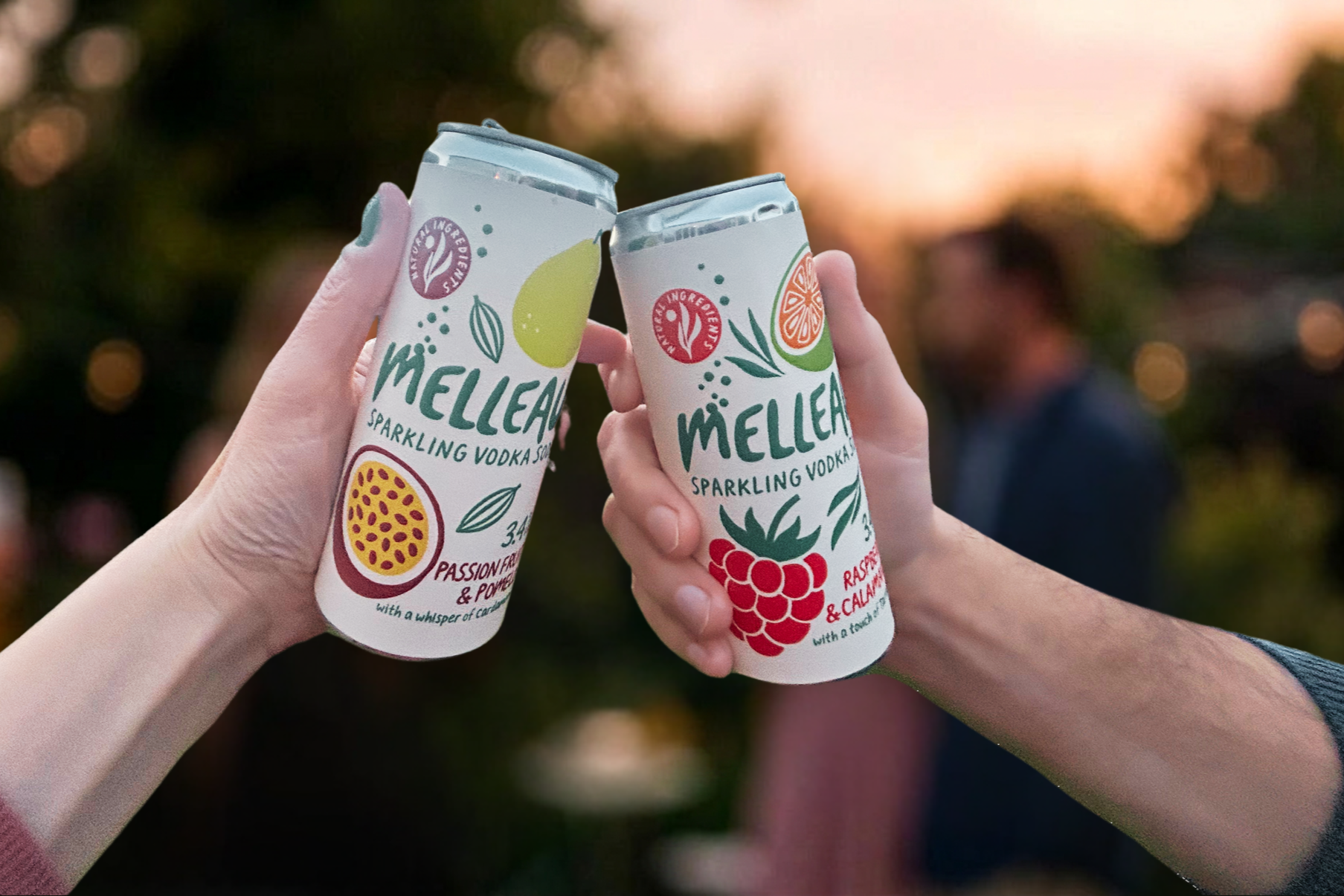 Two hands holding cans of Miellear sparkling vodka with fruit flavors, tasting raspberry and calamansi, at sunset outdoor setting.