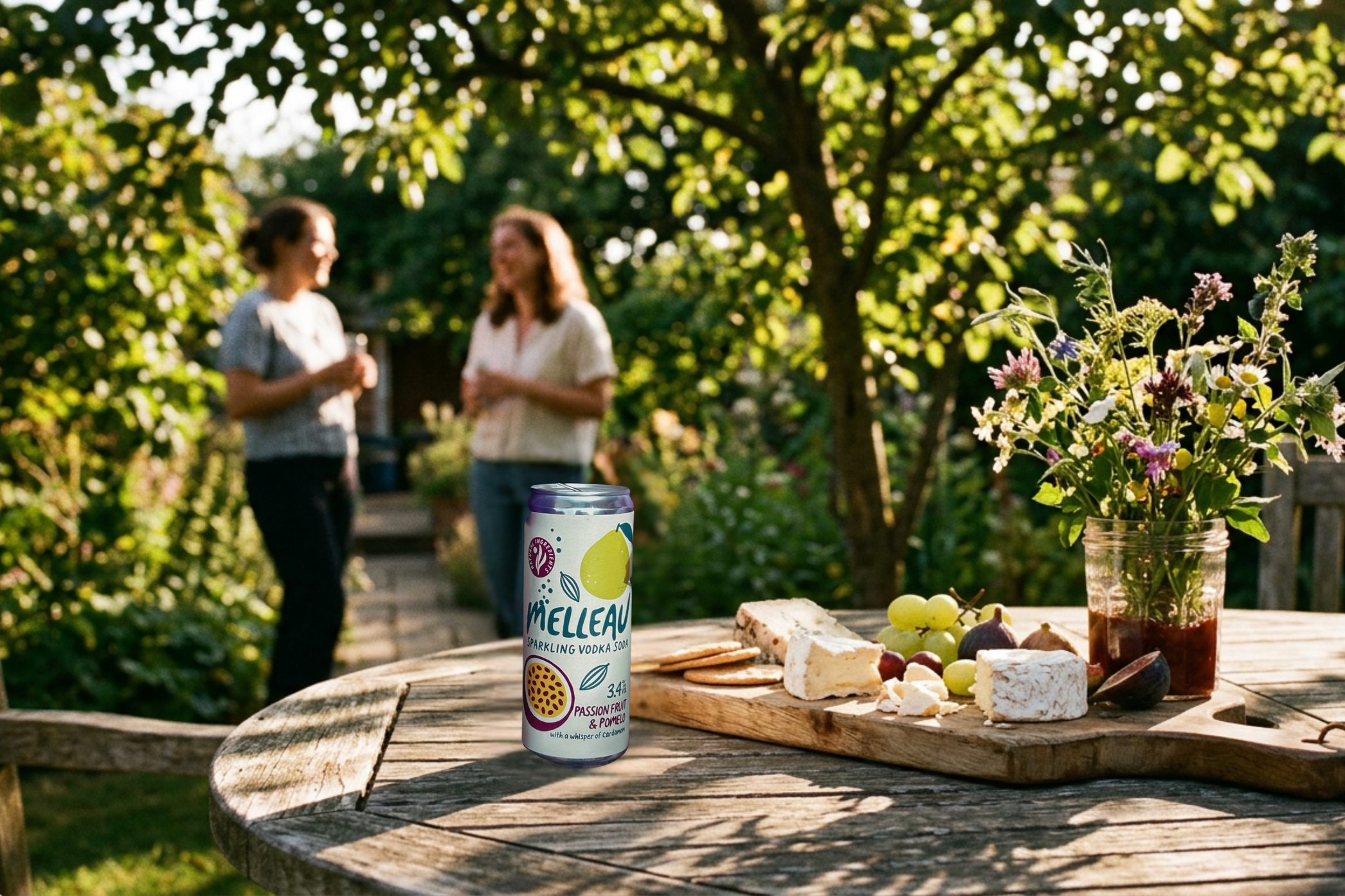 A picnic scene with a wooden table holding a can of Melleau sparkling vodka soda, cheese, grapes, and a jar of flowers; in the background, two women are talking in a lush garden.