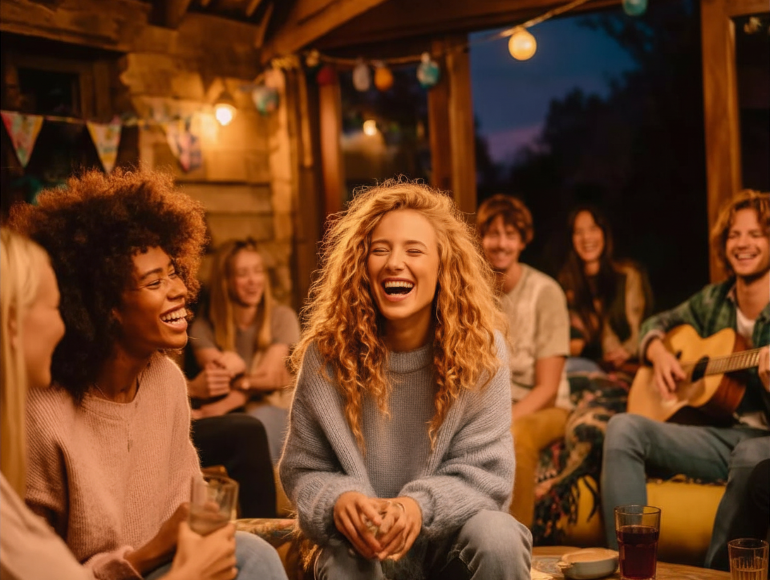Group of friends sitting in a cozy outdoor space at night, laughing and singing together, with one playing guitar, surrounded by warm string lights.