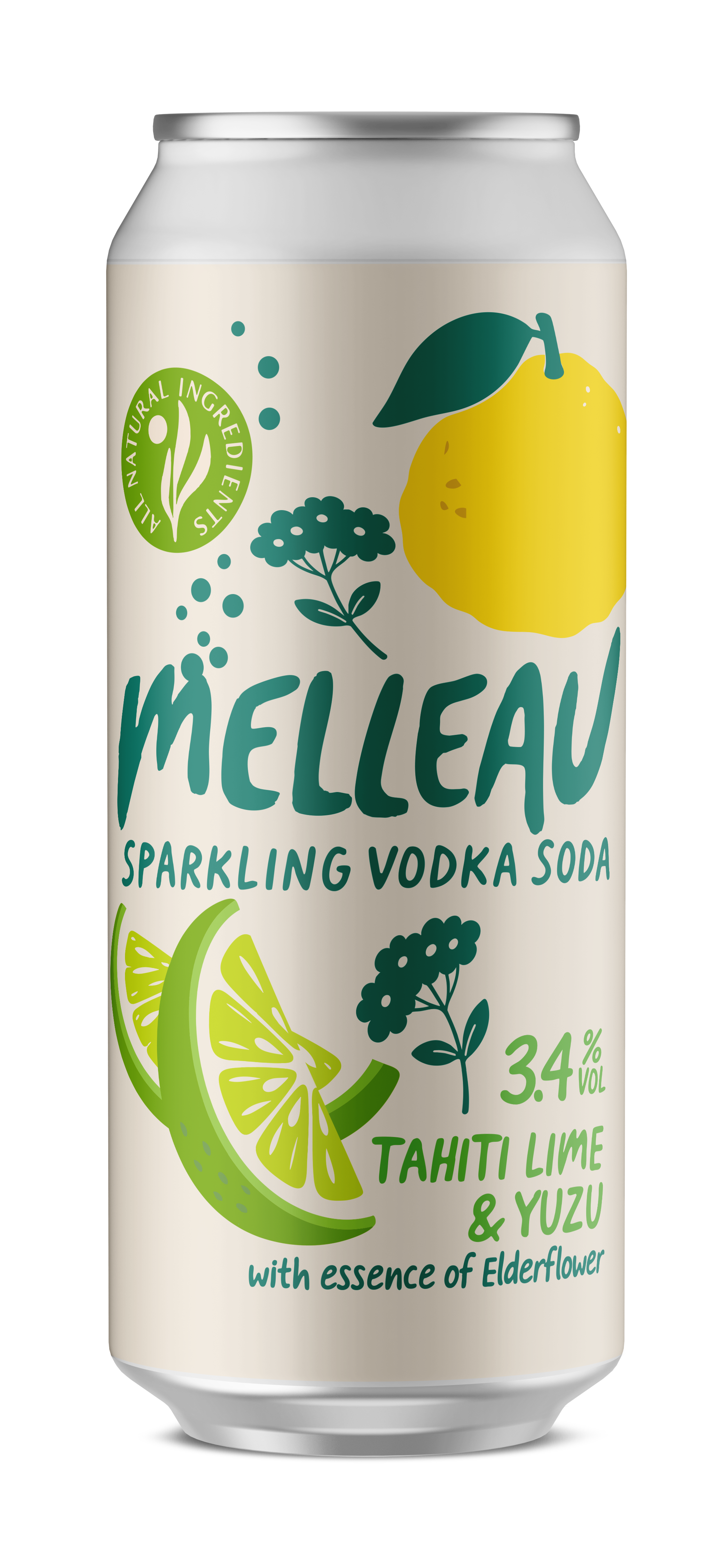 Canned sparkling vodka soda with a lemon and lime flavor on the label, featuring a green leaf and elderflowers, with 3.4% alcohol by volume.