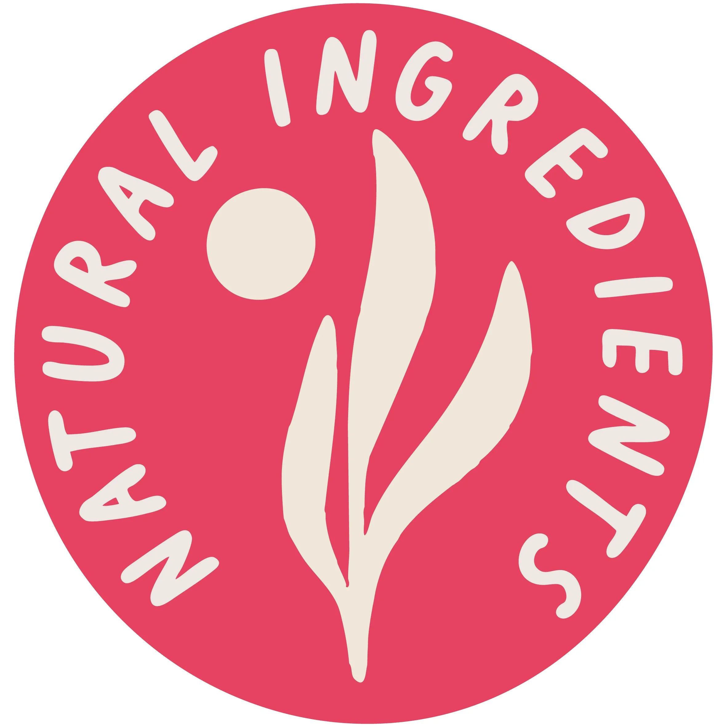 Pink circular logo with the words 'Natural Wildflower' around the border and a stylized white wildflower in the center.