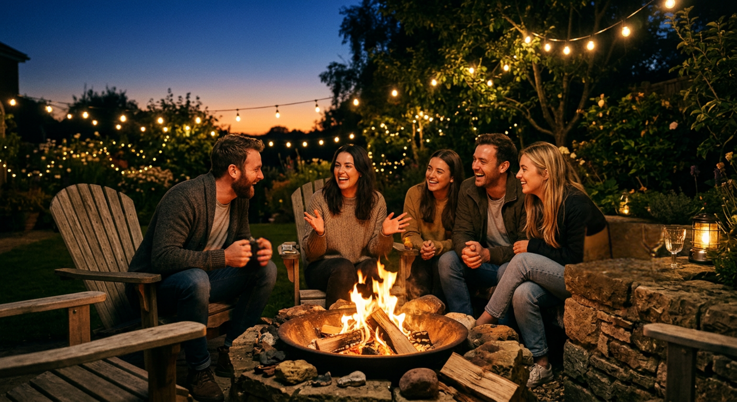 Five friends sitting around a fire pit in a backyard during sunset, with string lights overhead, laughing and chatting.