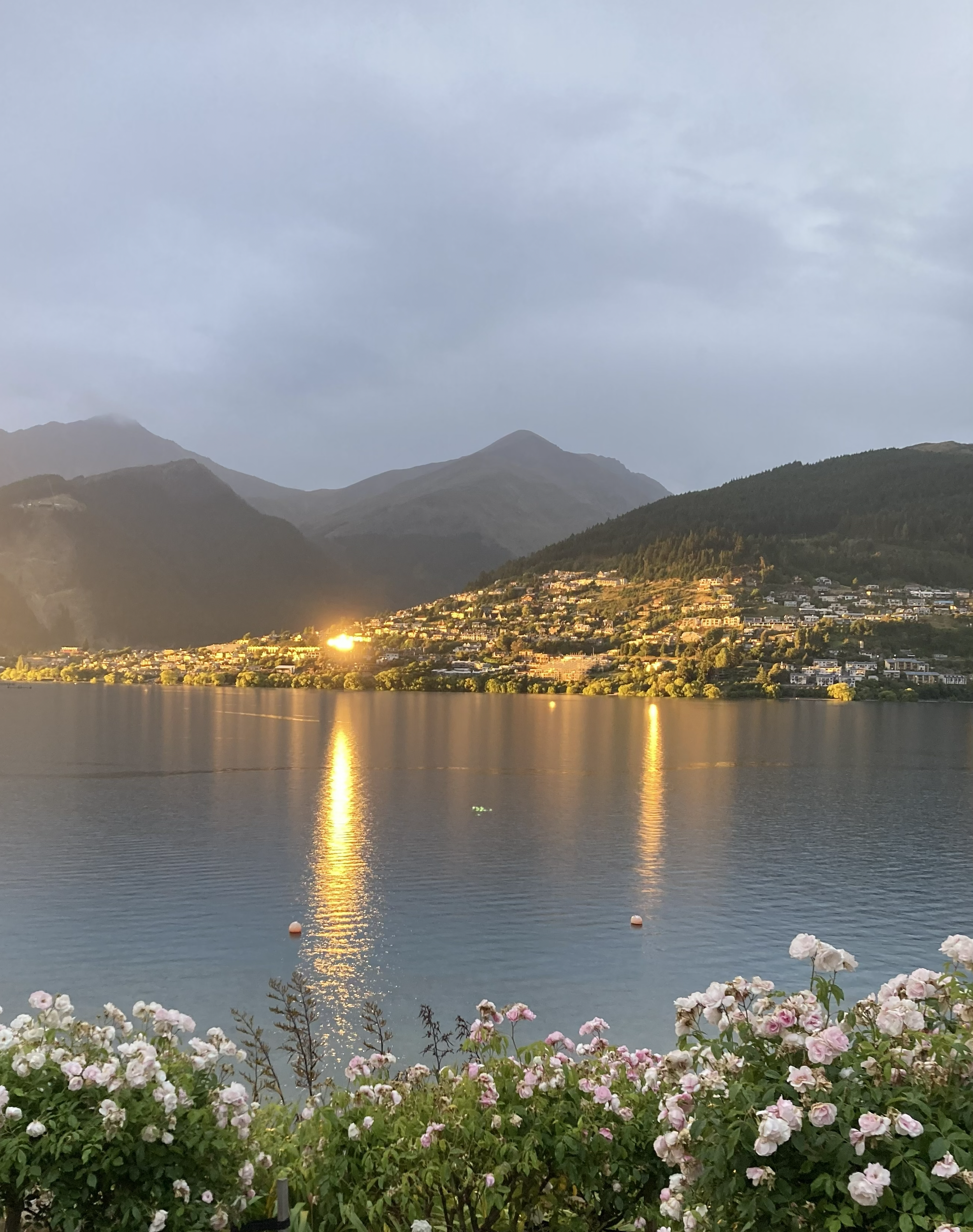 A scenic view of a lake with mountains in the background, a small town on the hillside, and flowers in the foreground as the sun sets, casting a reflection on the water.