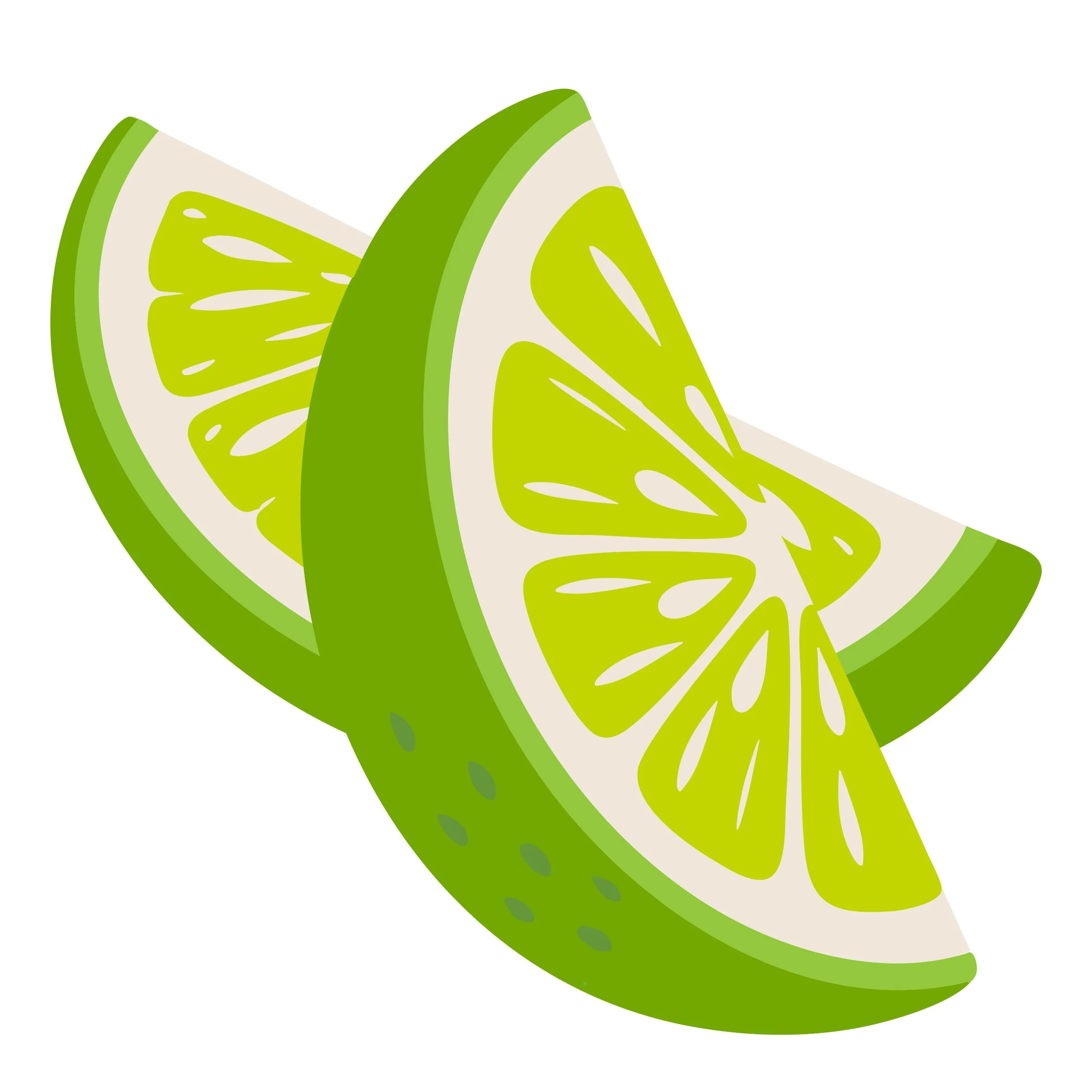 Digital illustration of two lime wedges, one partially overlapping the other, with bright green rinds and light green inner pulp.