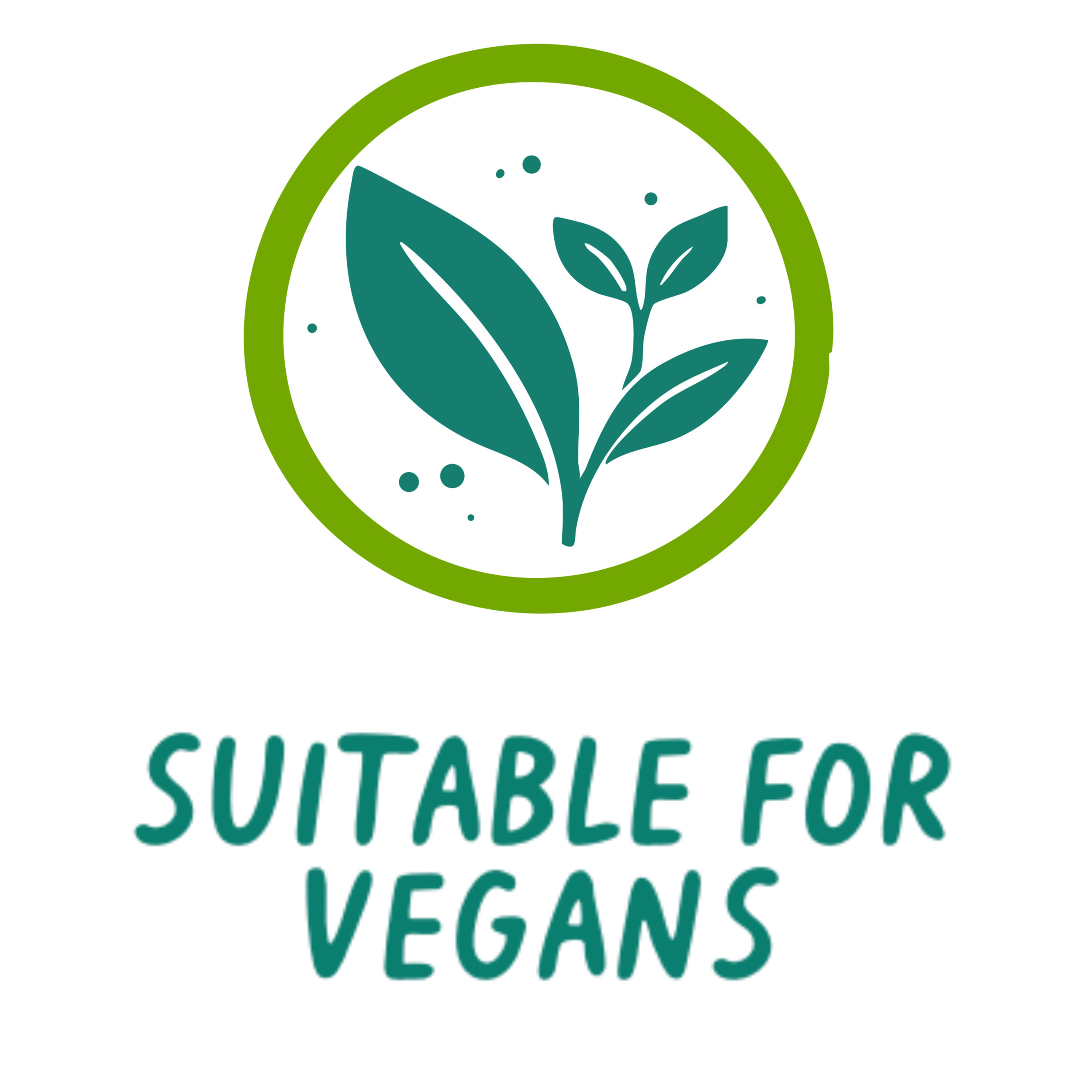 A green circle encasing two stylized leaves, with the words "Suitable for Vegans" written below.