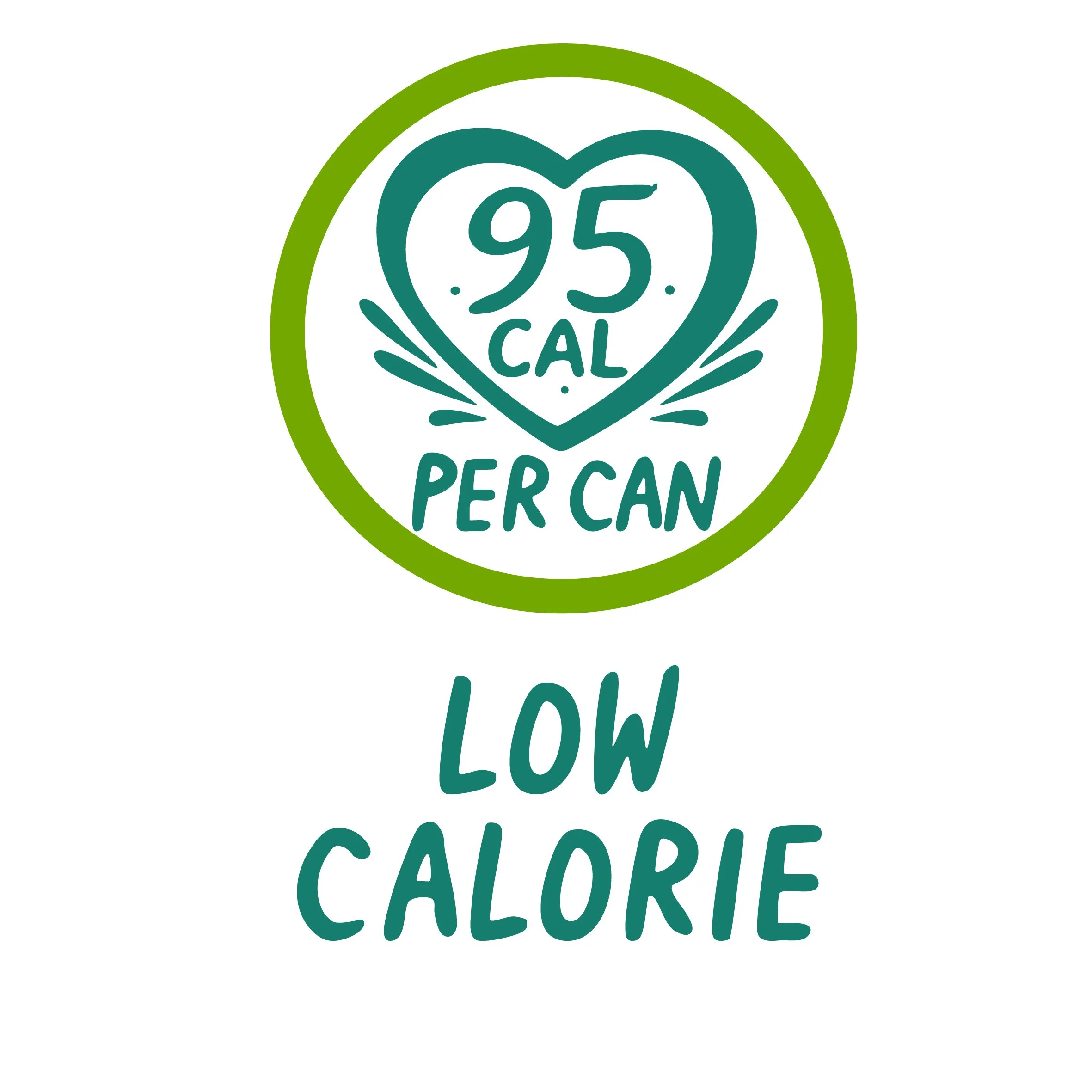 A nutrition label indicating 95 calories per can, with a green circular border and blue text that says "Low Calorie."