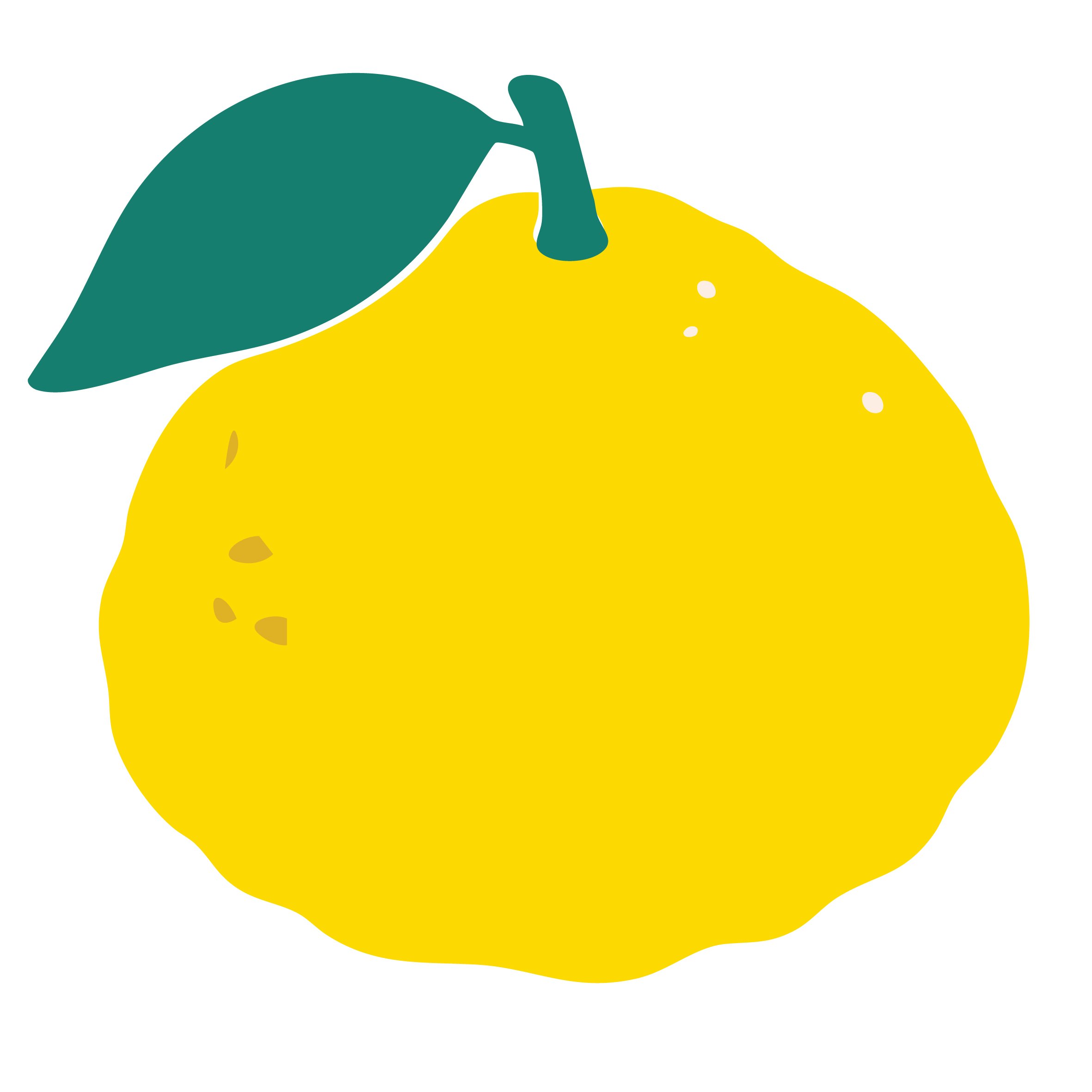 Illustration of a yellow lemon with a green leaf attached to its stem.