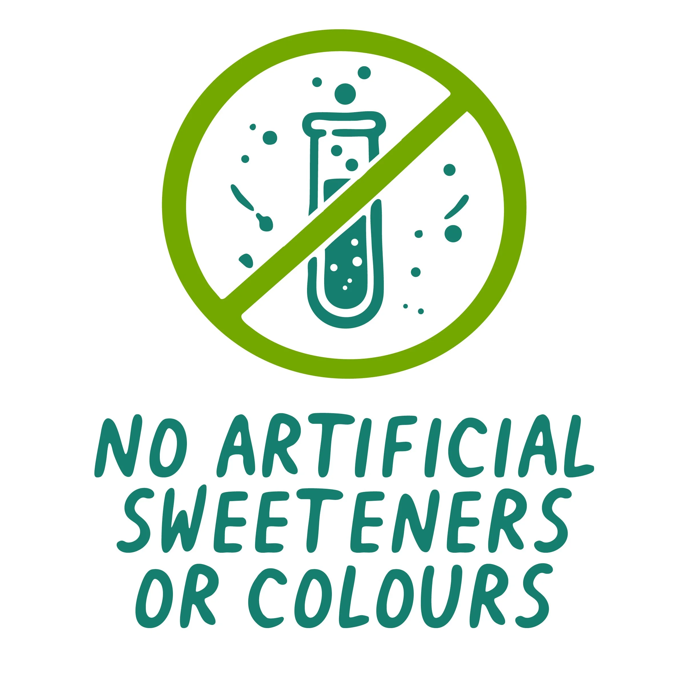 A green circle with a diagonal line crossing out a test tube filled with a bubbling liquid, indicating no artificial substances. Below, text reads the phrase "No Artificial Sweeteners Or Colours" in green, casual font.