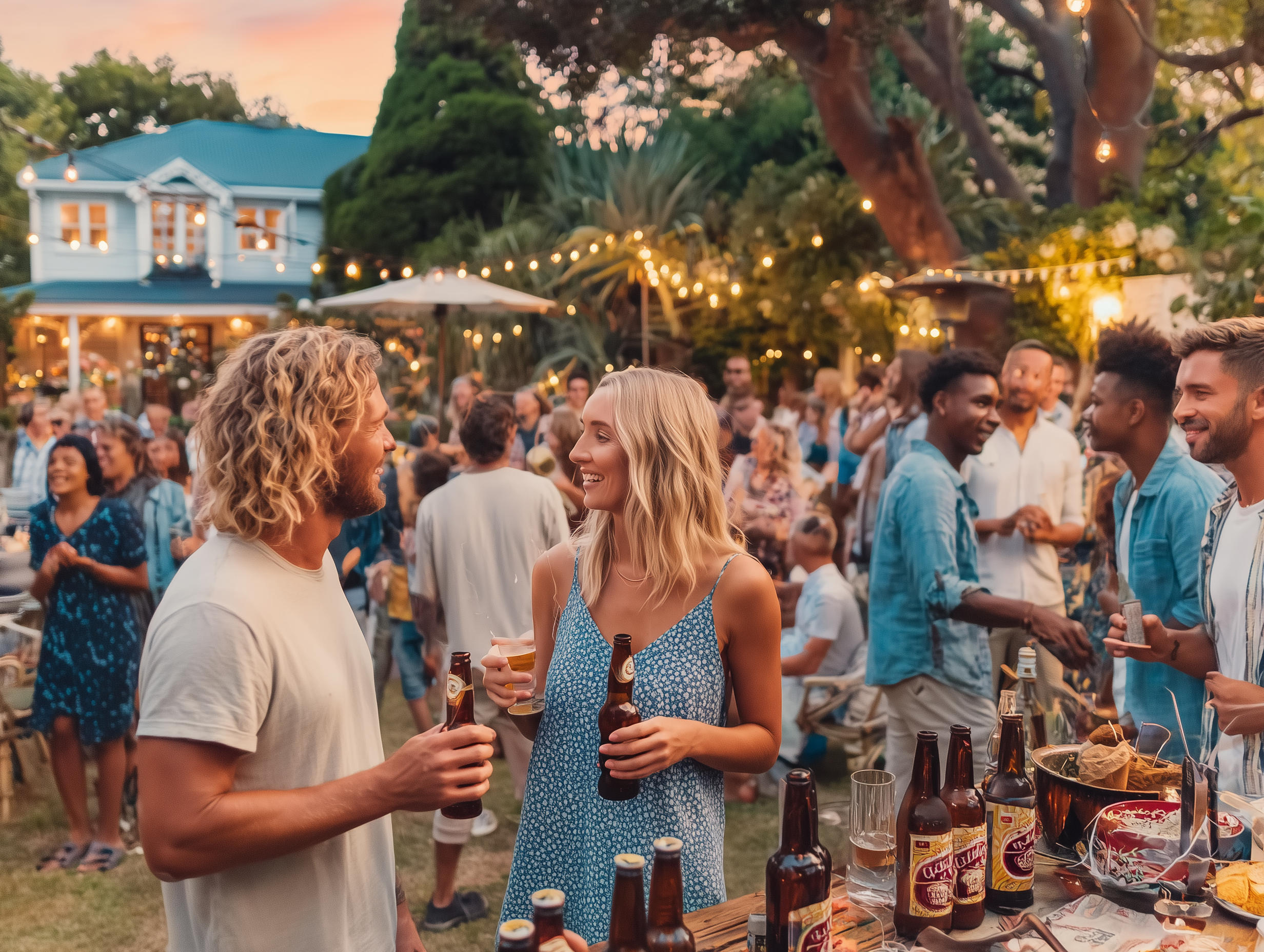 People socializing and enjoying drinks at an outdoor party during sunset with string lights, trees, and a blue house in the background.