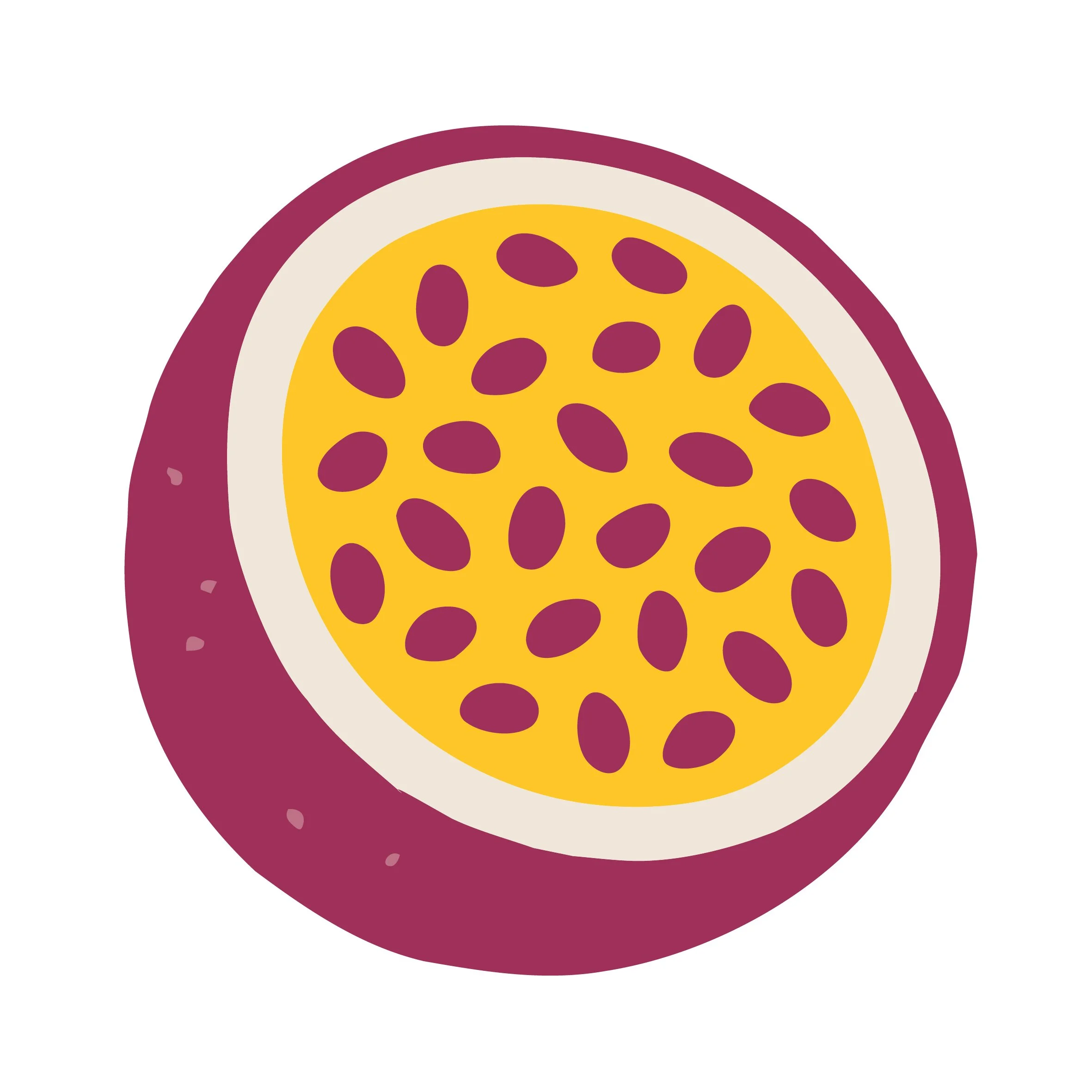 Illustration of a whole passion fruit with its purple outer skin and yellow interior filled with black seeds.