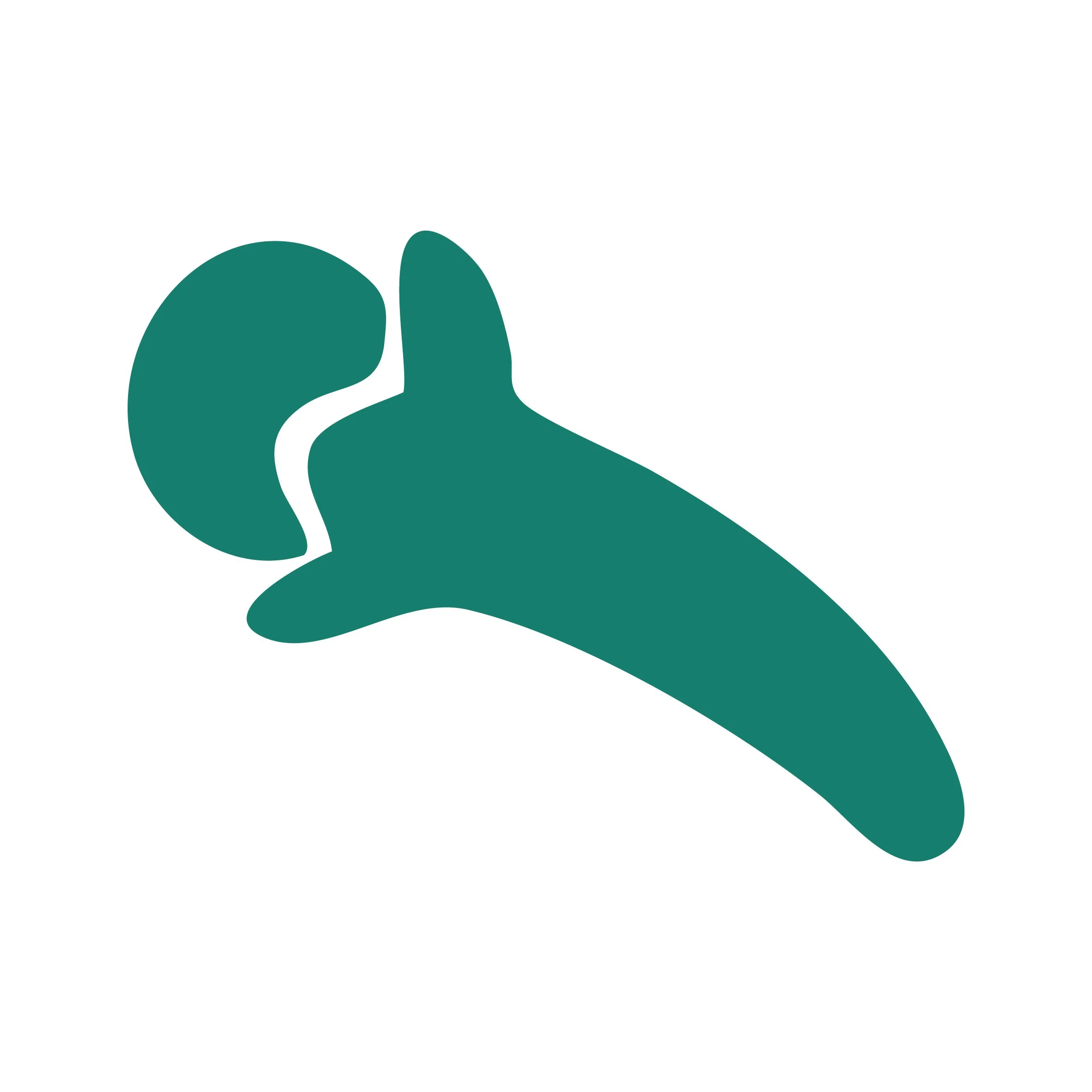 A stylized whale with a large tail and head, depicted in dark teal against a white background.