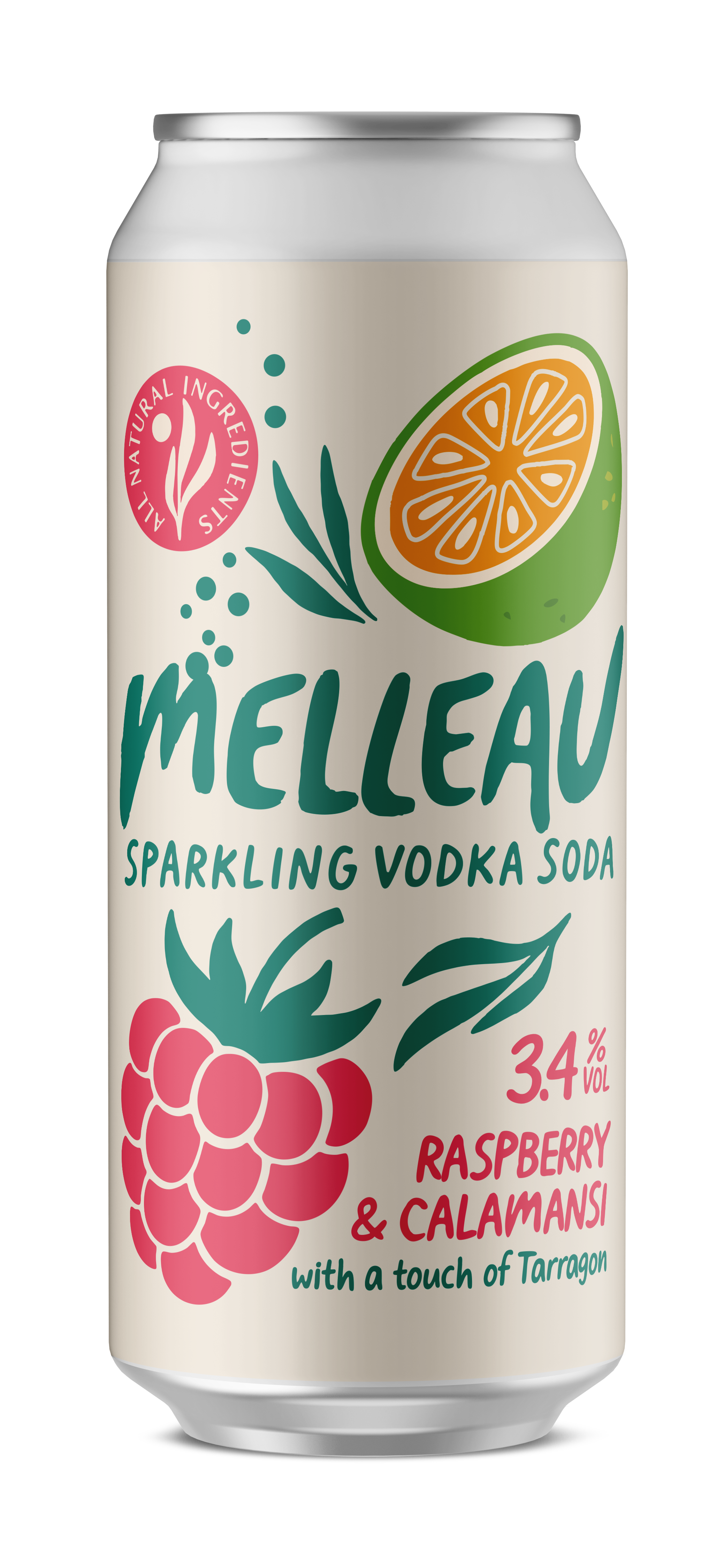A soda can of Melleau Sparkling Vodka Soda with raspberry and calamansi flavor, containing 3.4% alcohol by volume. The label features illustrations of a raspberry and a calamansi fruit, with text indicating it includes a touch of Tarragon and natural ingredients.