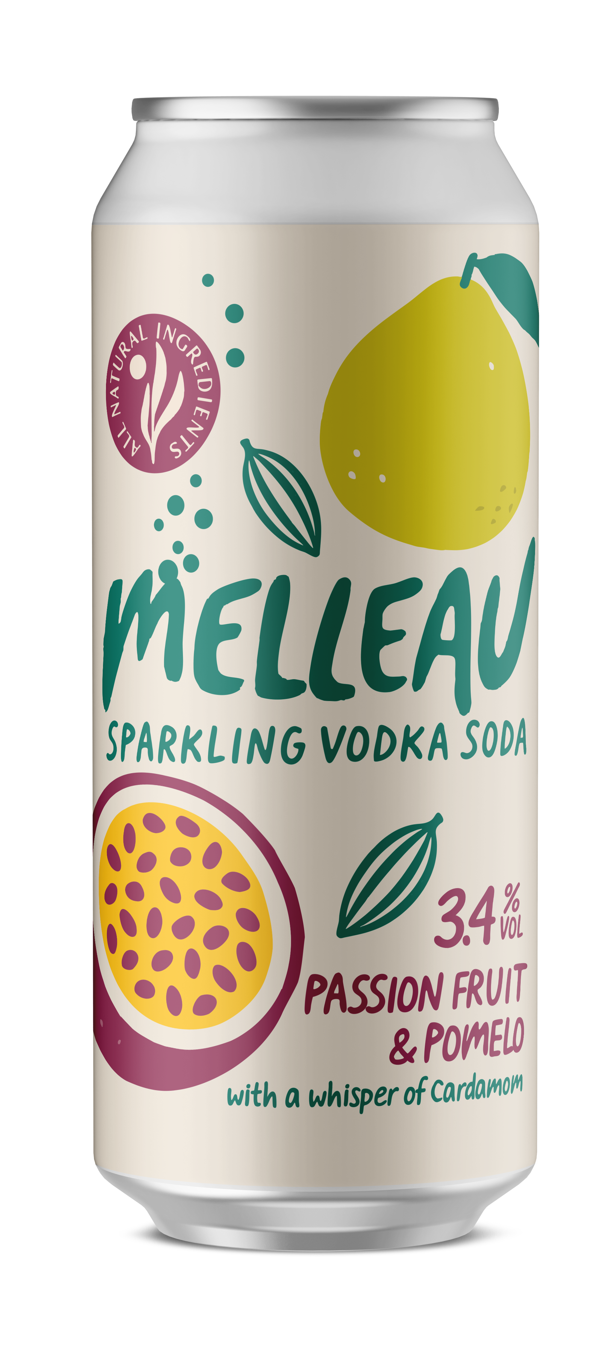 A can of Mëlleau sparkling vodka soda. The can features illustrations of a pear, passion fruit, and cardamom, with text indicating it contains 3.4% alcohol by volume, passion fruit and pomelo flavor, and natural ingredients.
