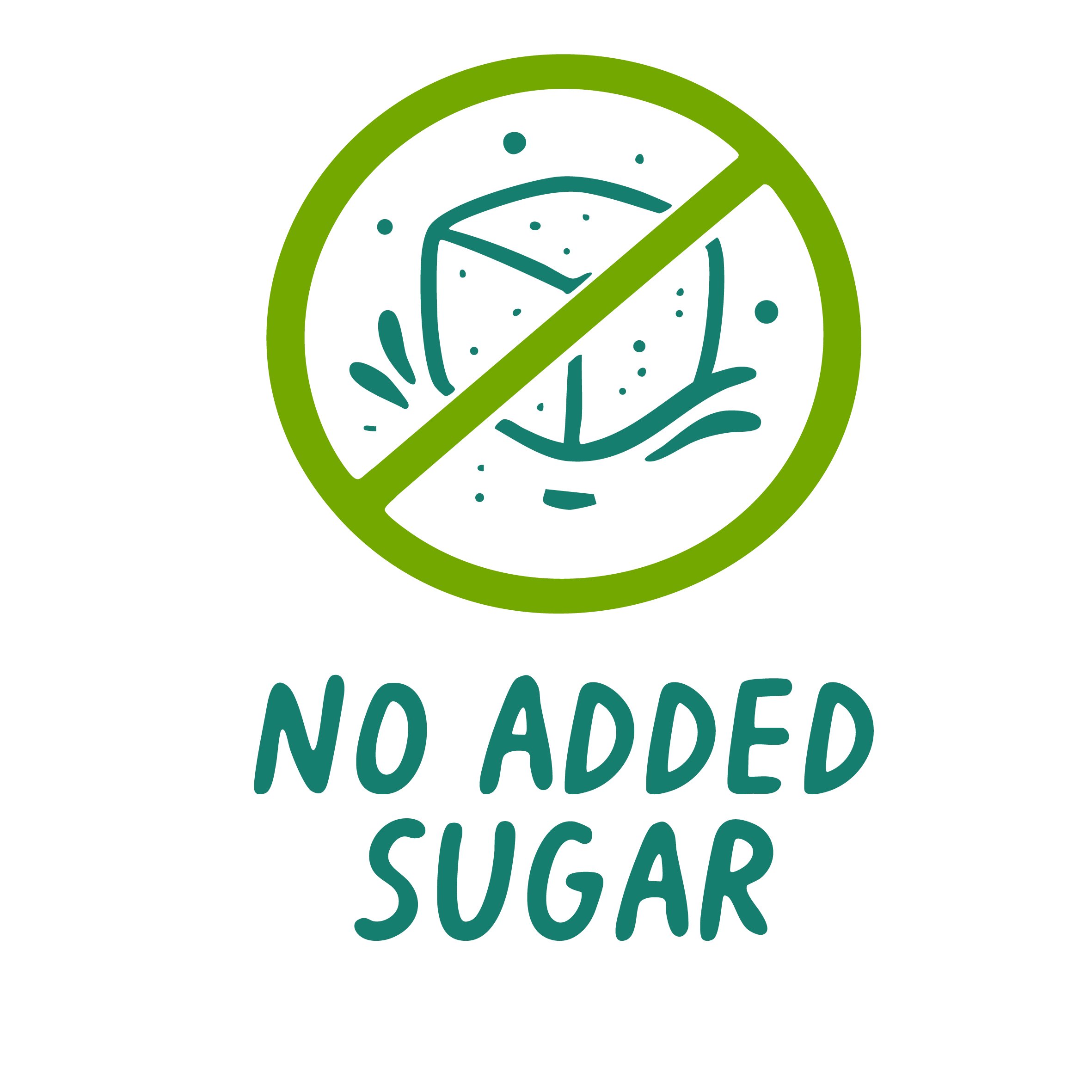 No added sugar label with a green circle and a dotted line crossing out a lemon wedge.