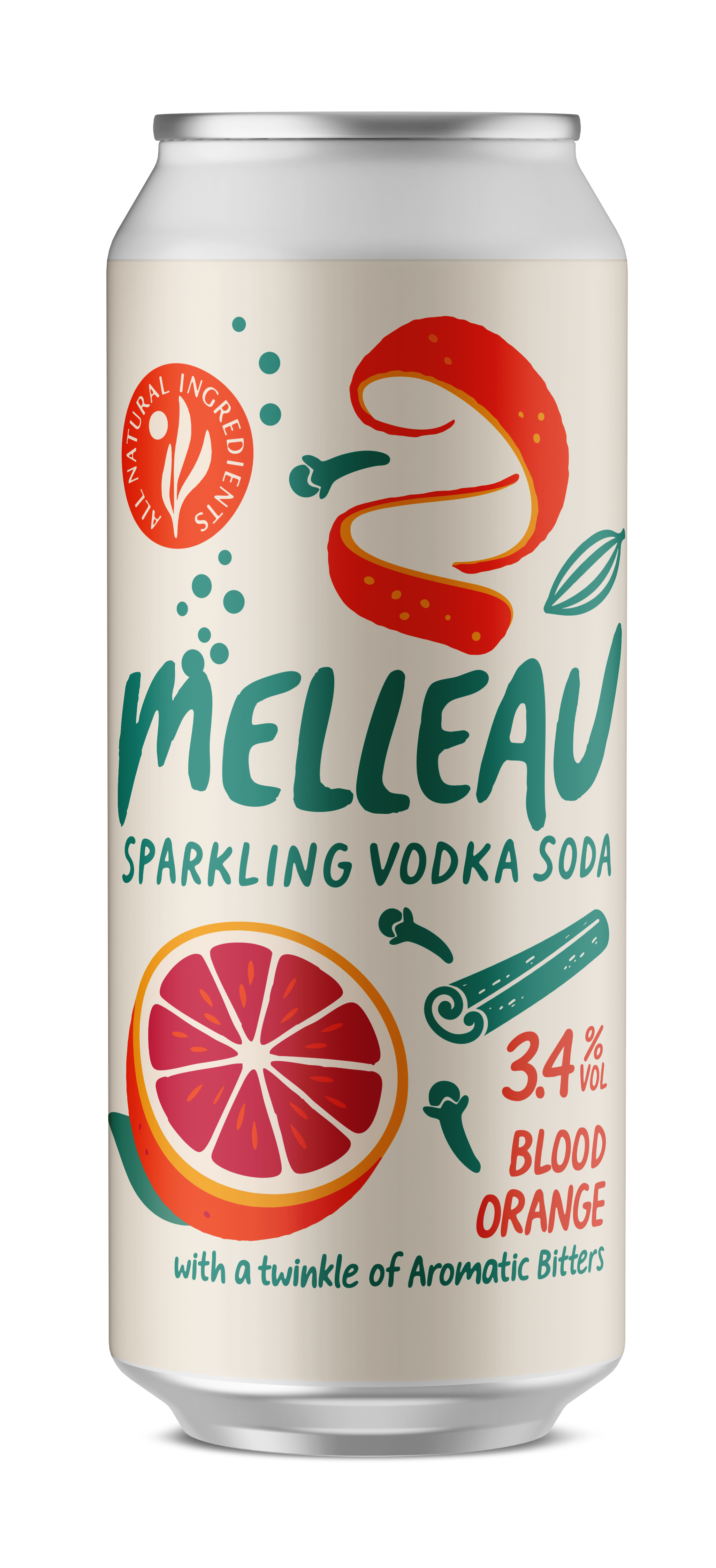A can of Melleau Sparkling Vodka Soda with orange, cinnamon, and chili pepper illustrations. The label emphasizes natural ingredients, 3.4% alcohol, blood orange flavor, and a twist of aromatic bitters.