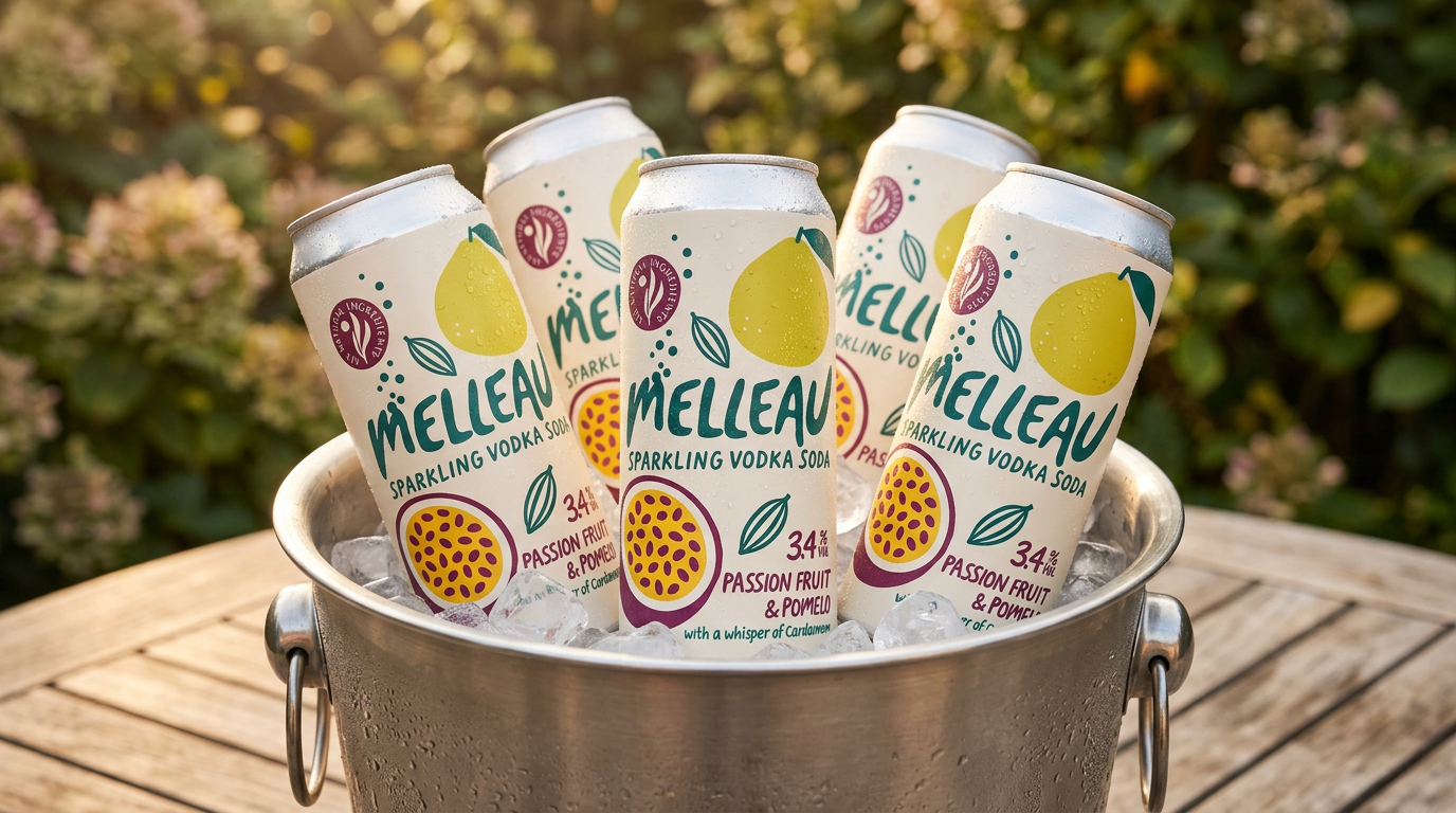 Cans of Melleau sparkling vodka soda with passion fruit and pomelo flavor in a metal bucket on a wooden table outdoors.