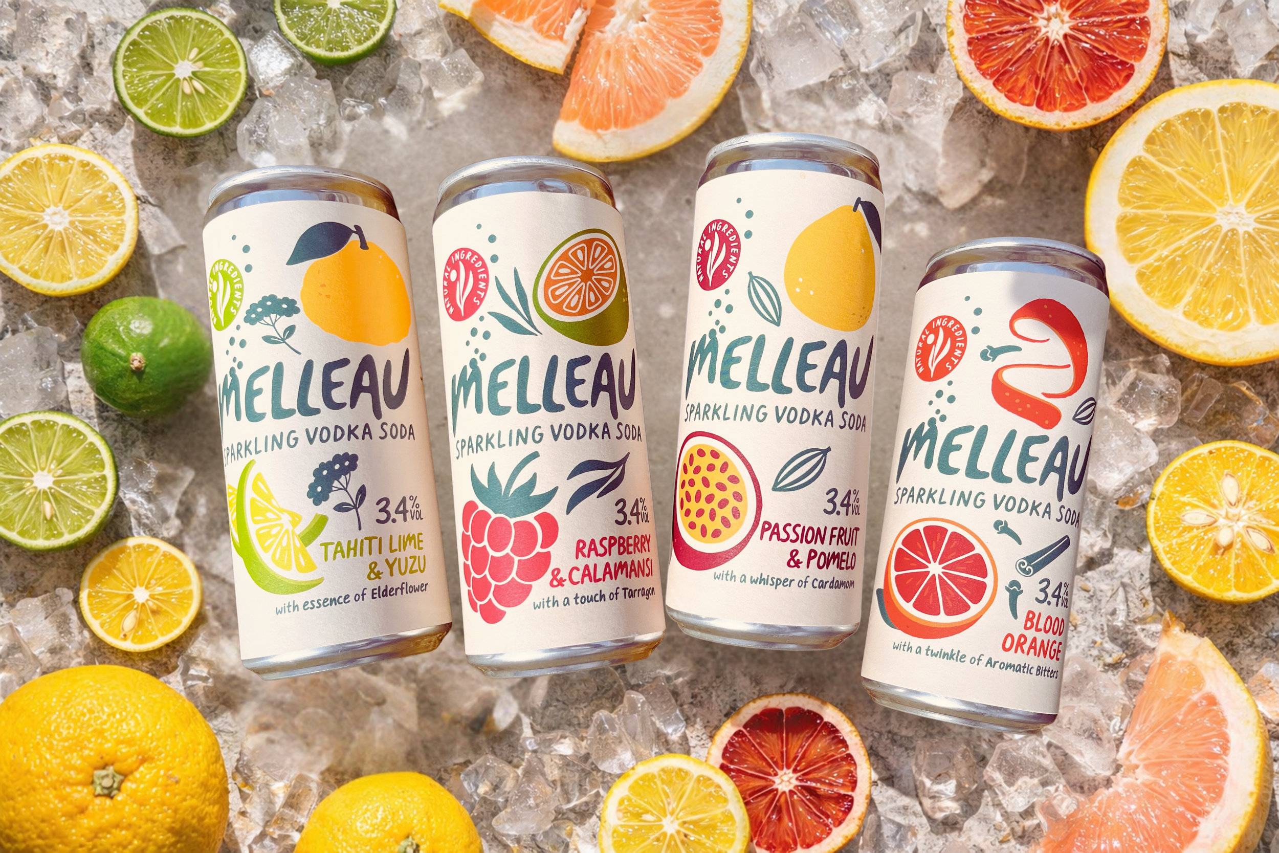Four cans of Melleau sparkling vodka soda with citrus-themed labels, surrounded by slices of lime, lemon, grapefruit, blood orange, and ice on a surface.