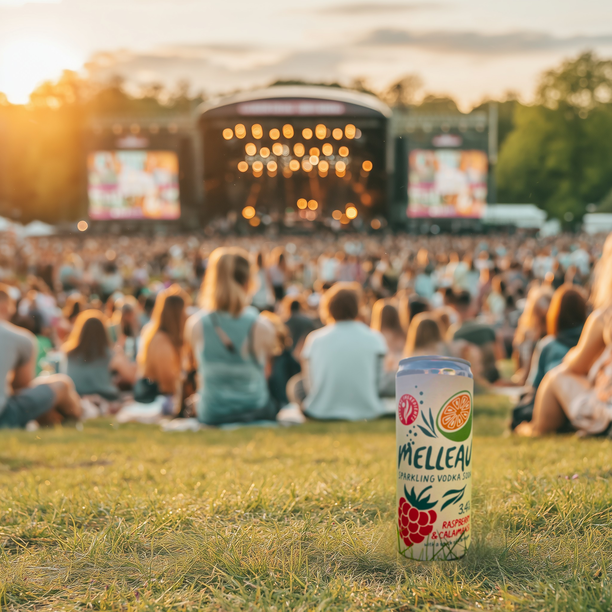 A can of Melleau sparkling vodka soda on the grass at an outdoor concert with a large crowd and stage in the background.