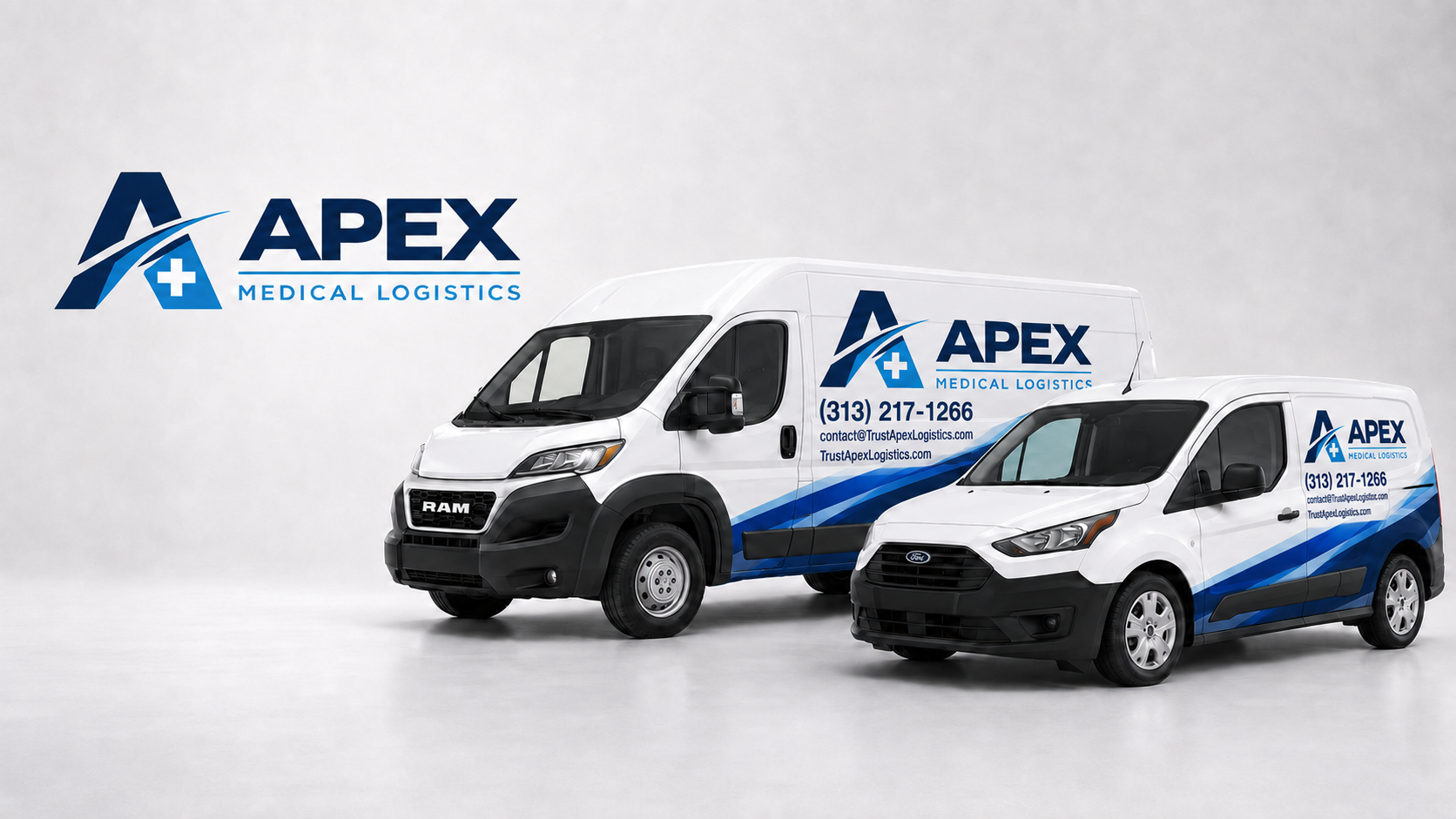 Apex Medical Logistics white ProMaster and Transit Connect XL with phone, email, and website on the vinyl wraps