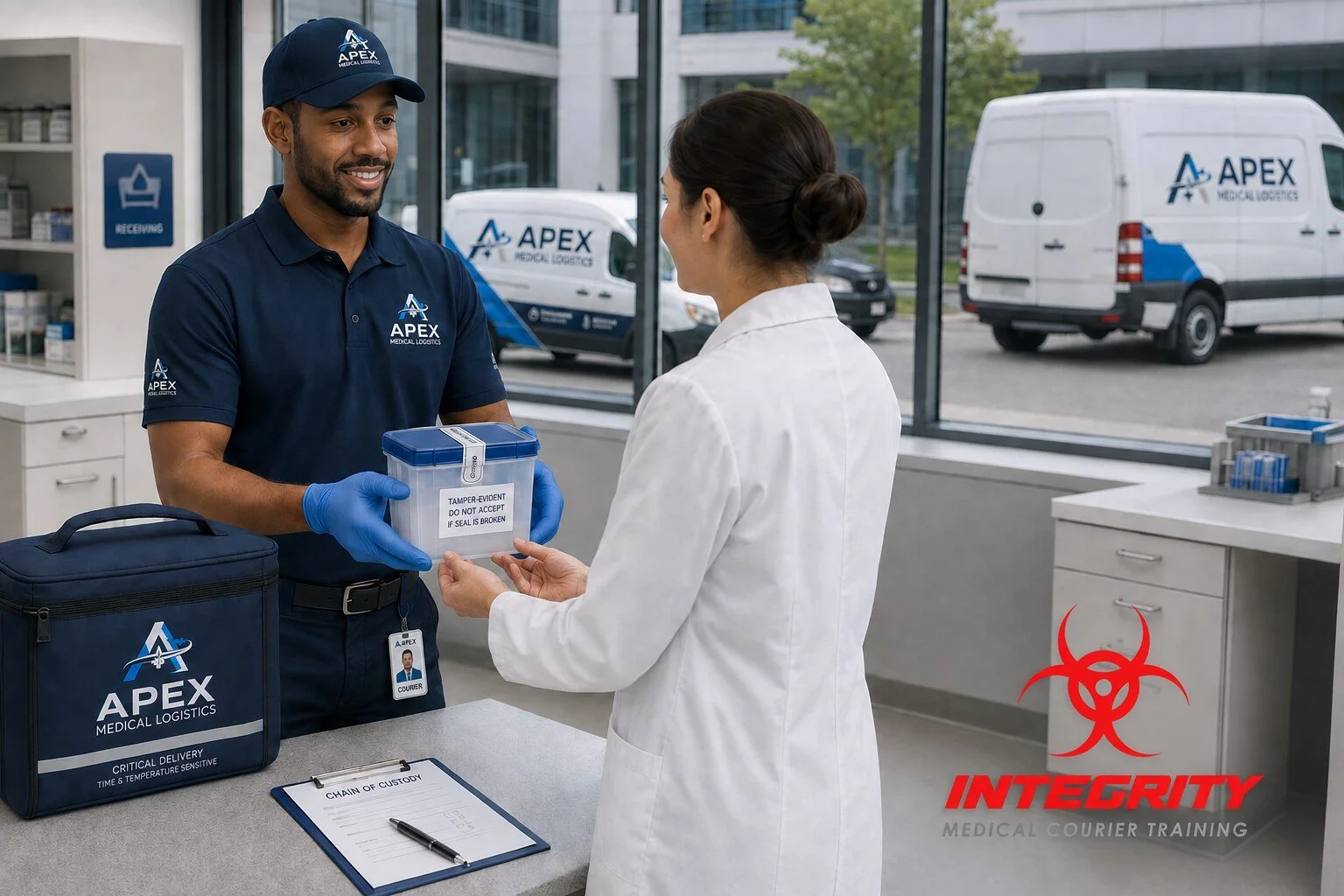 Apex Medical Logistics courier completing a chain-of-custody specimen handoff with sealed transport container, branded vehicles, and Integrity Medical Courier Training logo