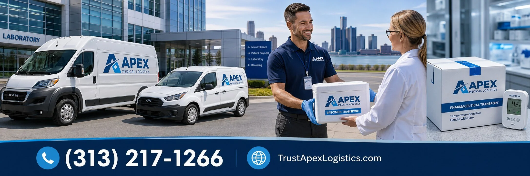 Apex Medical Logistics services banner showing two white branded courier vehicles, a secure specimen handoff, pharmaceutical cold-chain packaging, and the phone number (313) 217-1266
