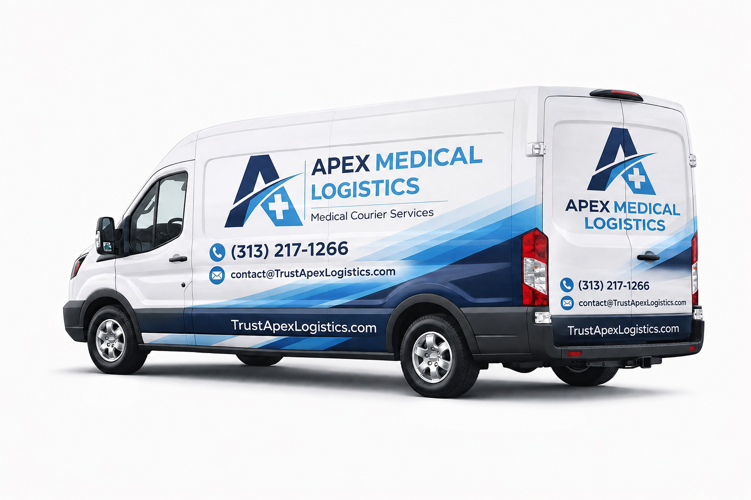 Apex Medical Logistics medical courier van with phone, email, and website on the vinyl wrap
