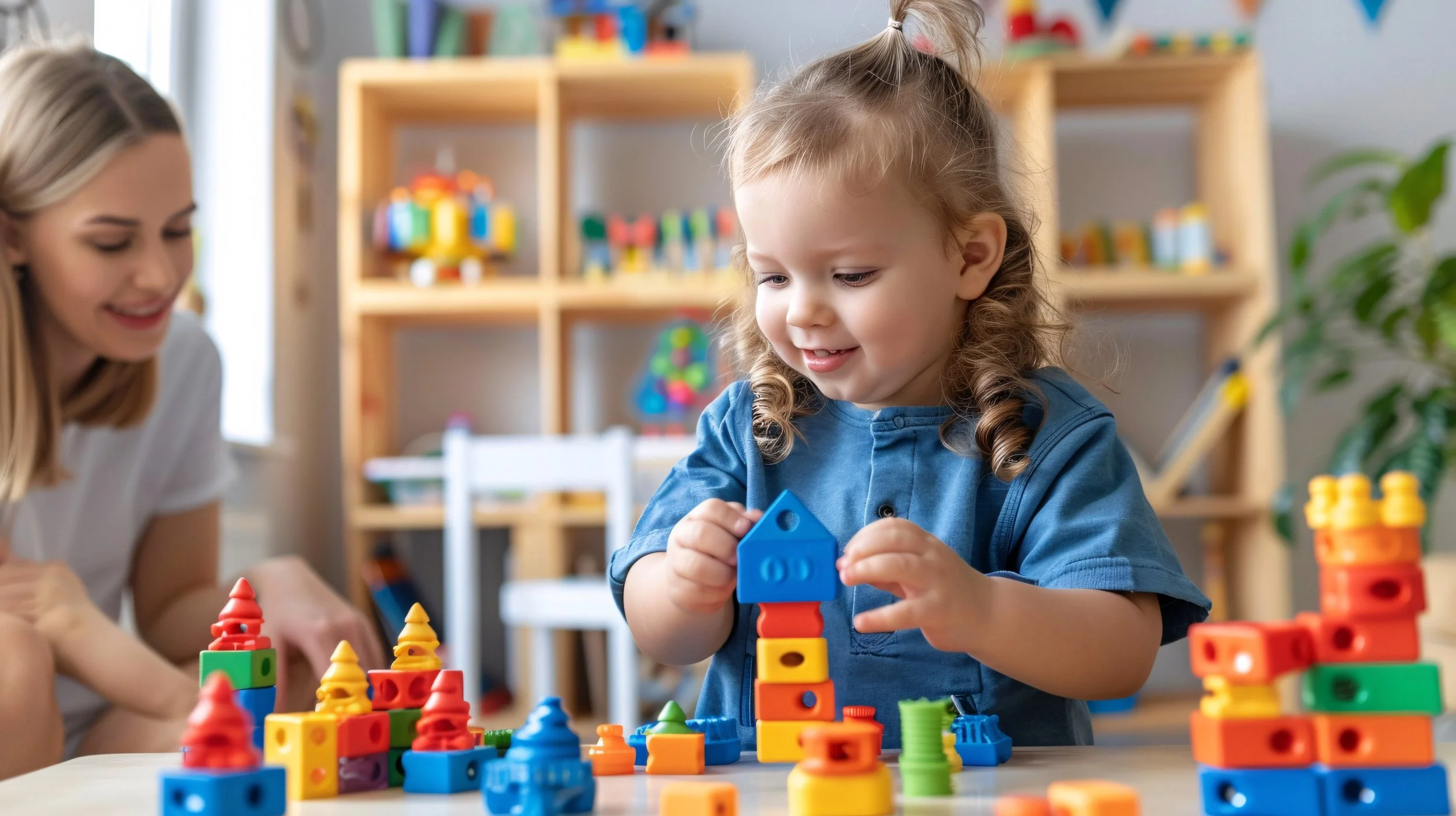 Young girl playing with colorful building blocks at a table in a playroom, smiling and stacking blocks, with a woman nearby