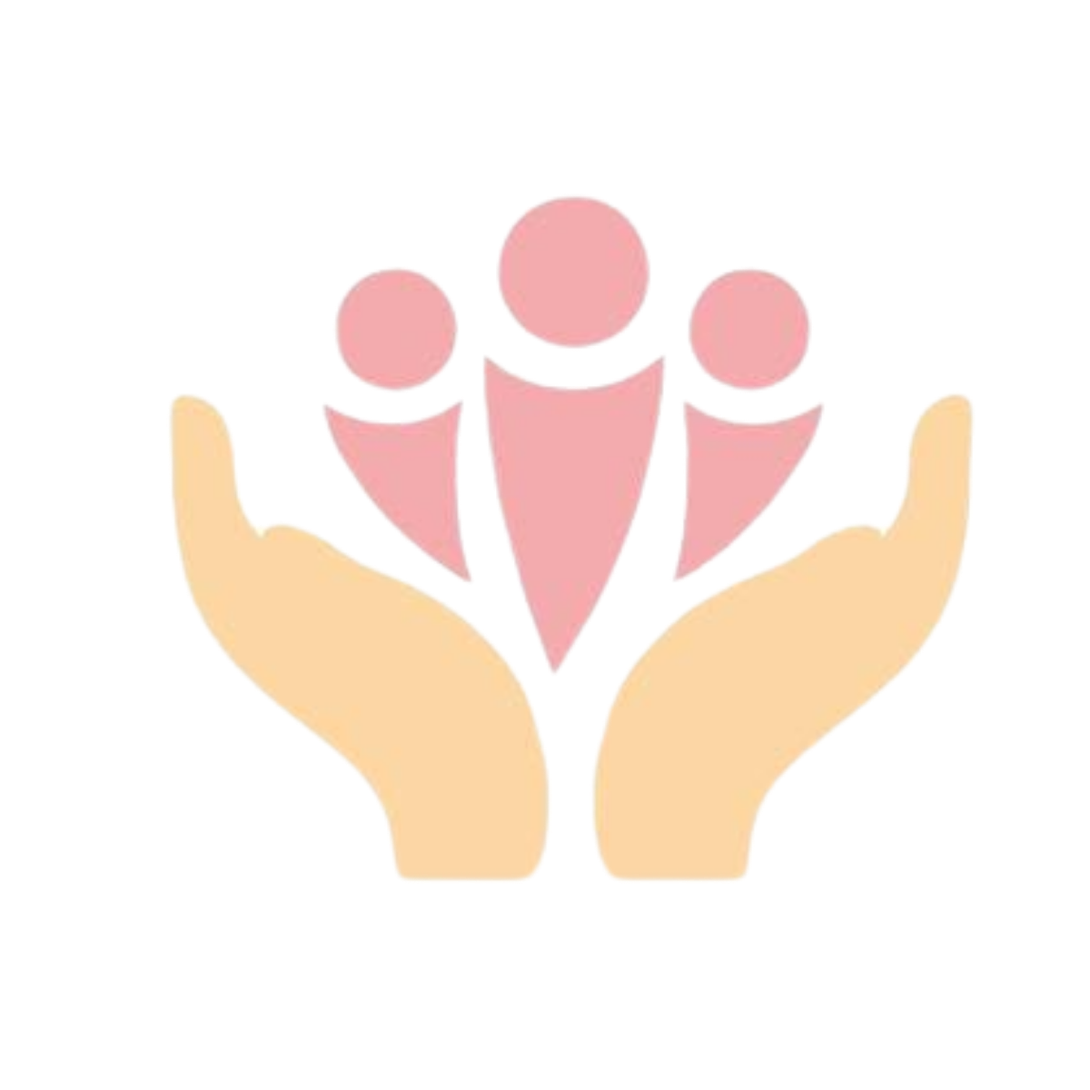Illustration of two beige hands holding pink abstract human figures, representing care or support.
