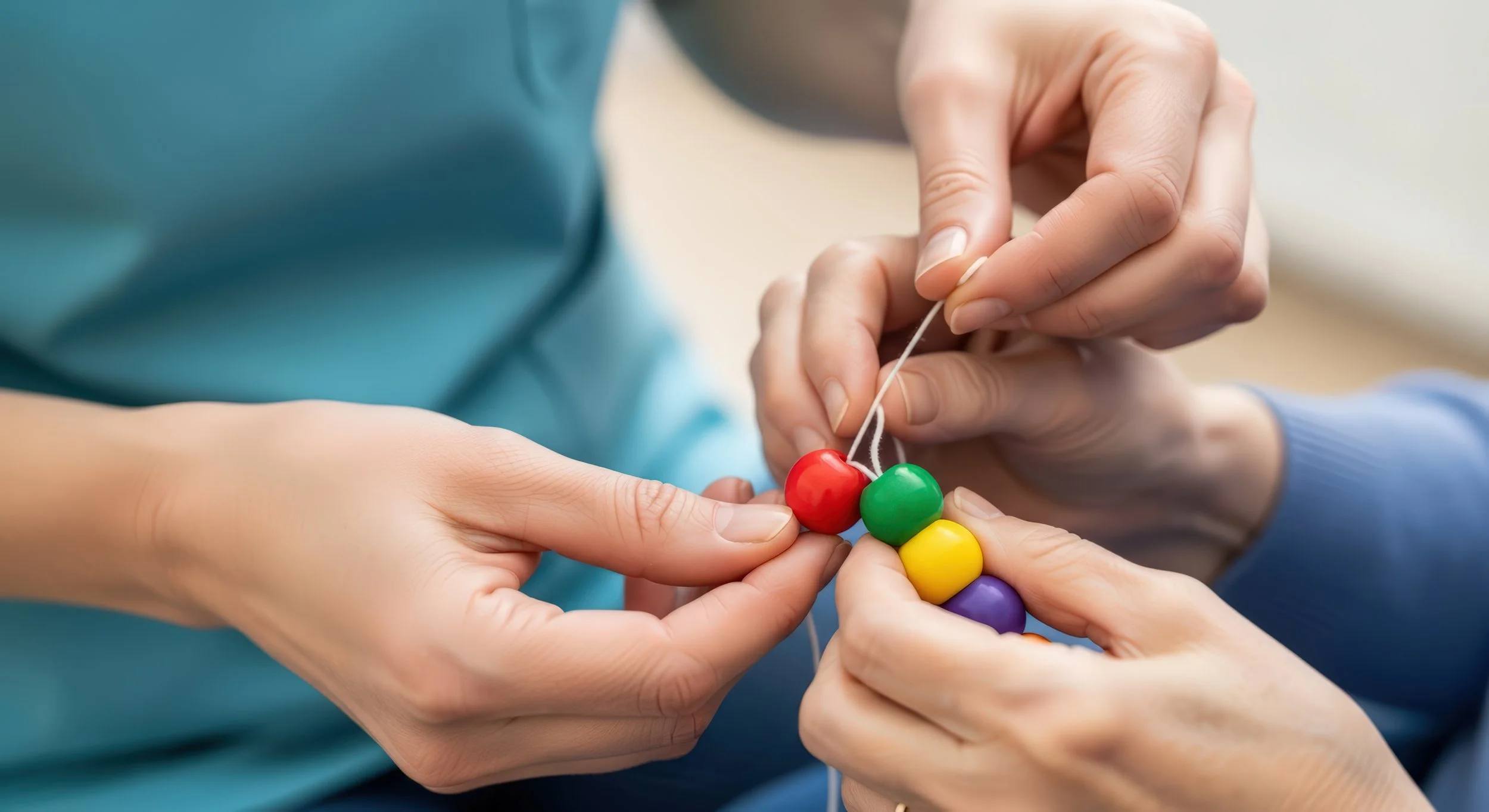 Two pairs of hands threading a string through a series of colorful beads, including red, green, yellow, purple, and blue.