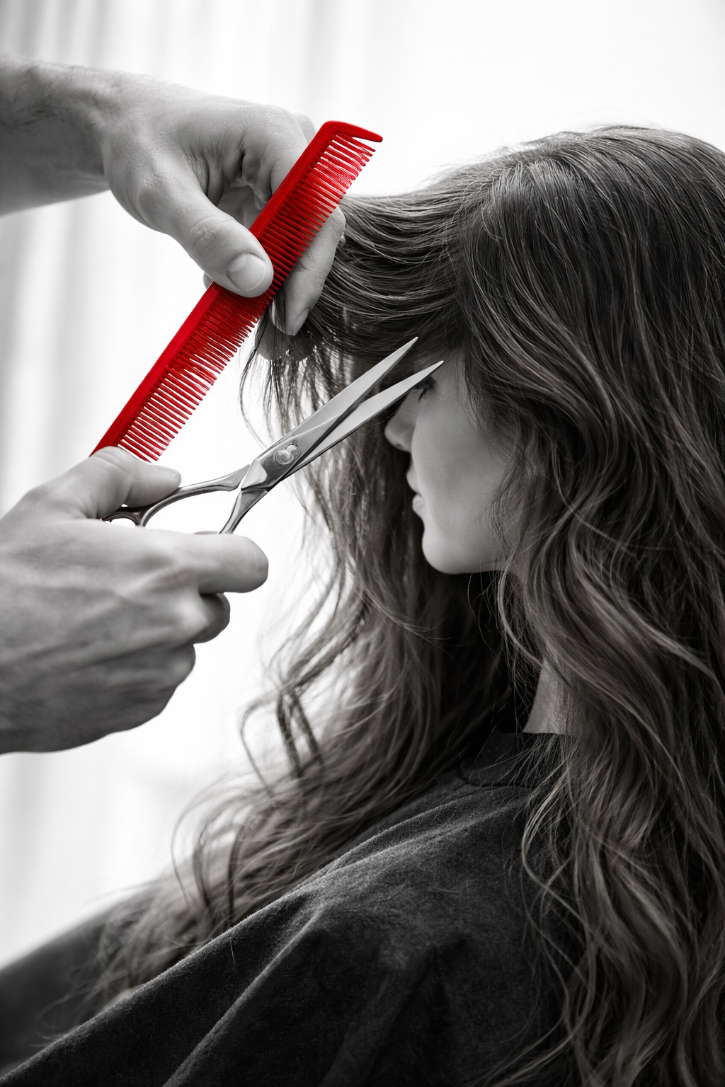 A hairstylist trims a woman's long, wavy hair with scissors, holding a red comb.