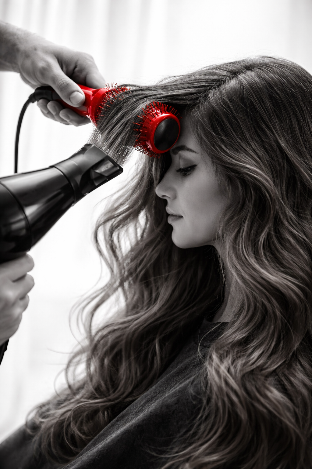 A woman with long wavy hair getting her hair blow-dried by a stylist using a round brush and a hairdryer.