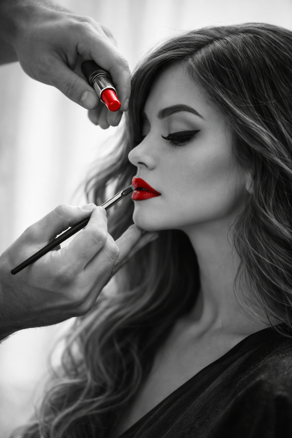 A woman with long wavy hair having her makeup done, with red lipstick and black eyeliner, while a makeup artist applies lipstick.