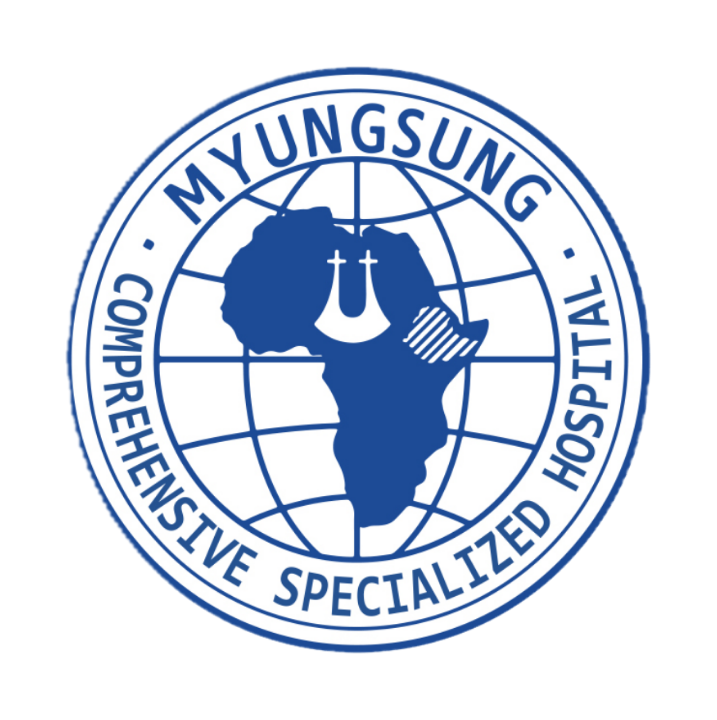 Logo for MyungSung Comprehensive Specialized Hospital featuring a globe with Africa and a map outline, a hook, and a clamp in the center.