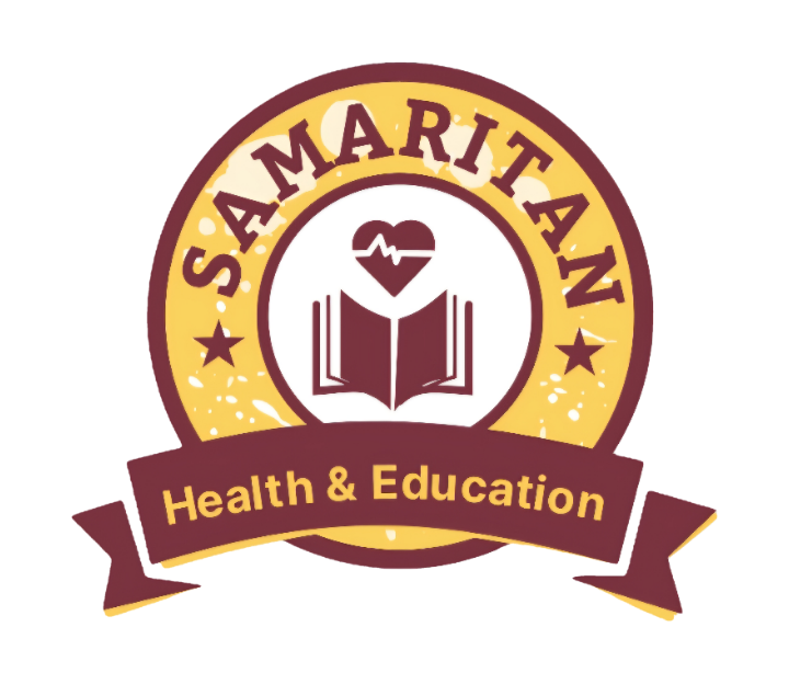 A circular logo with a yellow and maroon color scheme. The logo features the words "SAAMARITAN" at the top and "Health & Education" at the bottom, with a heart and stethoscope icon and an open book in the center.