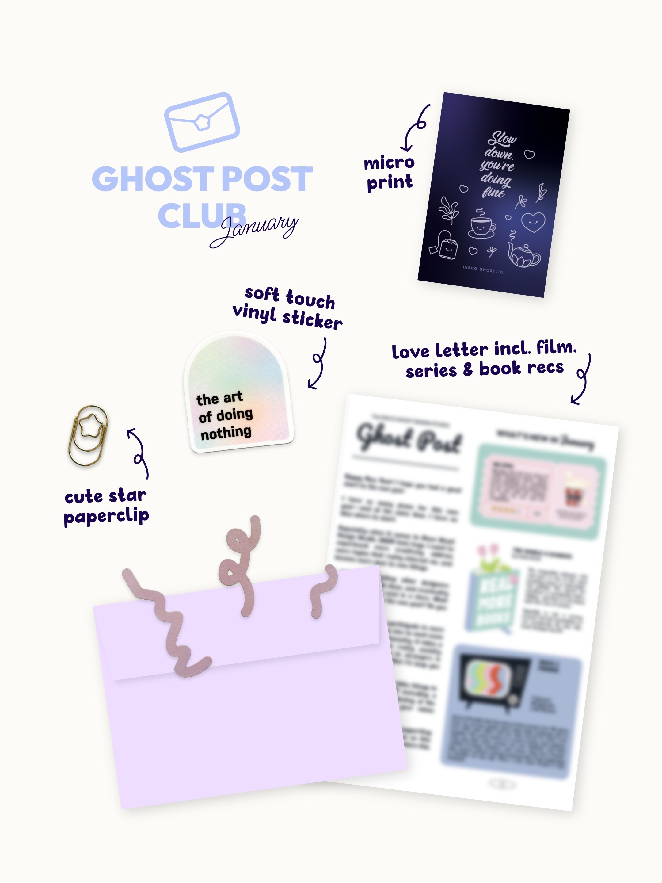 Ein Blog-Post-Titel für einen Club namens "Ghost Post Club" im Januar, mit einem aufgedruckten Briefumschlag, einer Illustration eines Zitats und einem Drop-Down-Design. Es gibt auch Sticker und Post-Ideen.